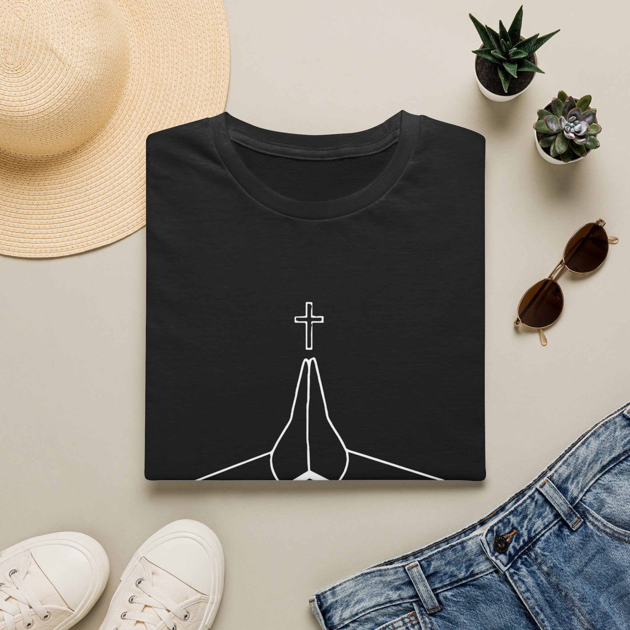Prayer Hands T-Shirt — "Rooftop Prayer Warrior" Faith Graphic Tee (With white logo and lettering)