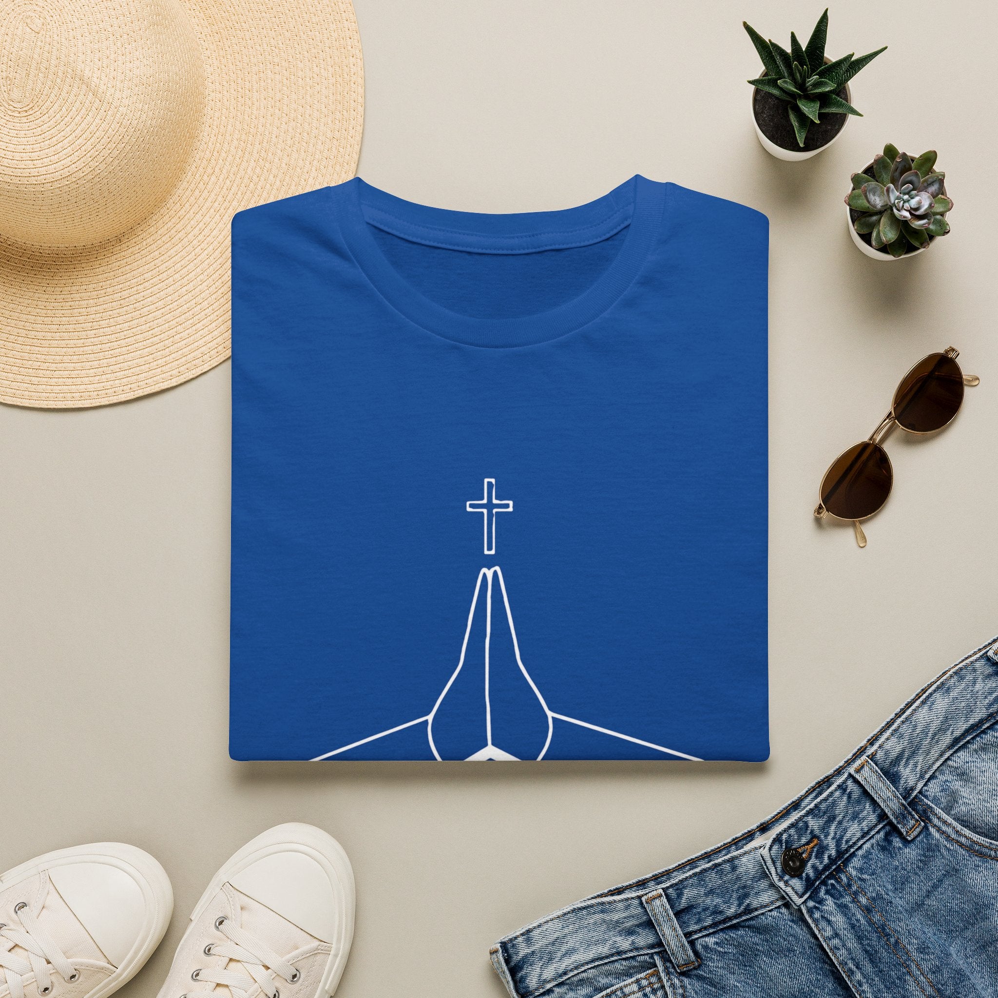 Prayer Hands T-Shirt — "Rooftop Prayer Warrior" Faith Graphic Tee (With white logo and lettering)