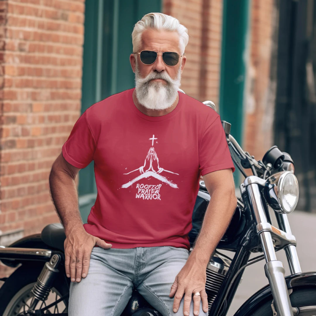 Rooftop Prayer Warrior Faith Graphic Tee — Christian T-Shirt for Men & Women