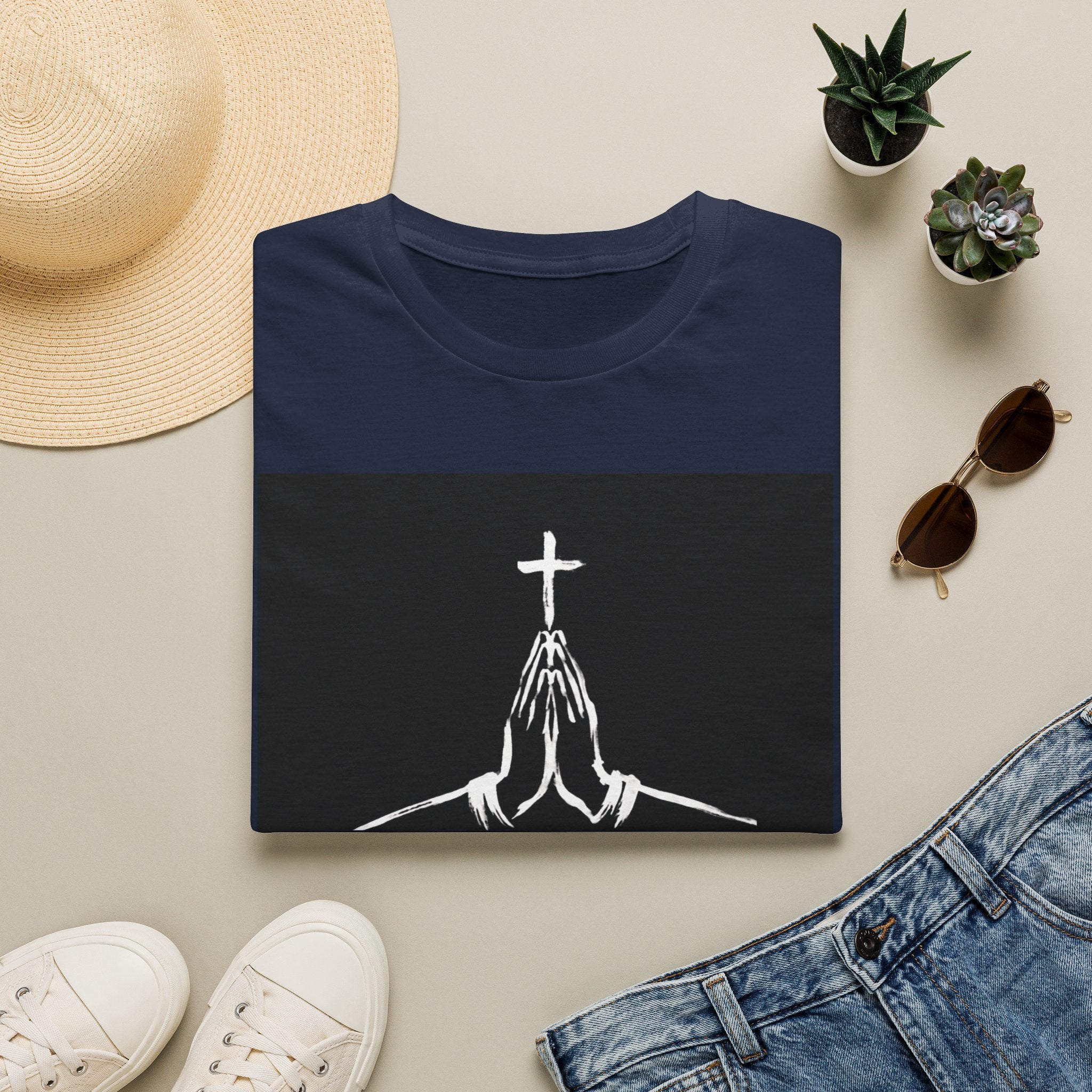 Prayer Hands T-Shirt — "Rooftop Prayer Warrior" Faith Graphic Tee (With white logo and lettering)