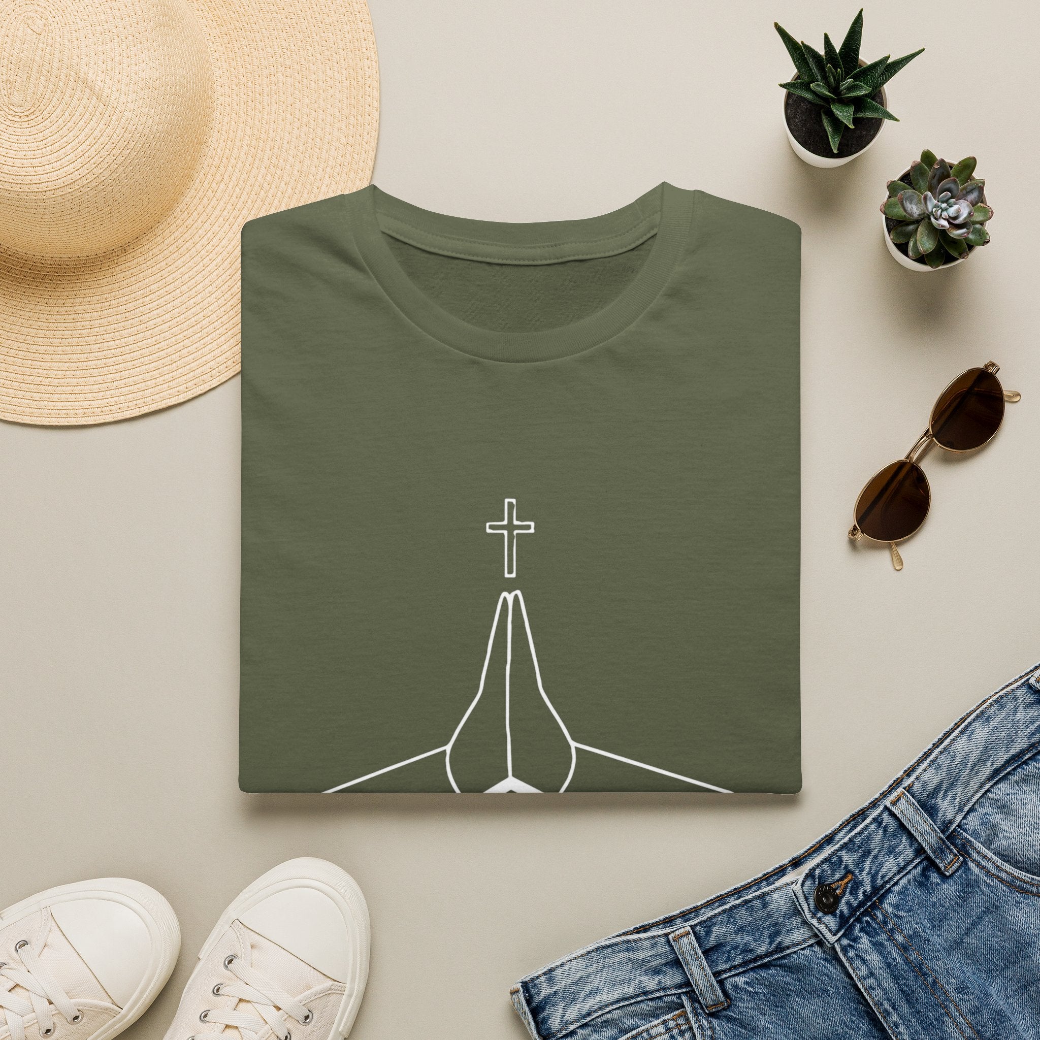 Prayer Hands T-Shirt — "Rooftop Prayer Warrior" Faith Graphic Tee (With white logo and lettering)