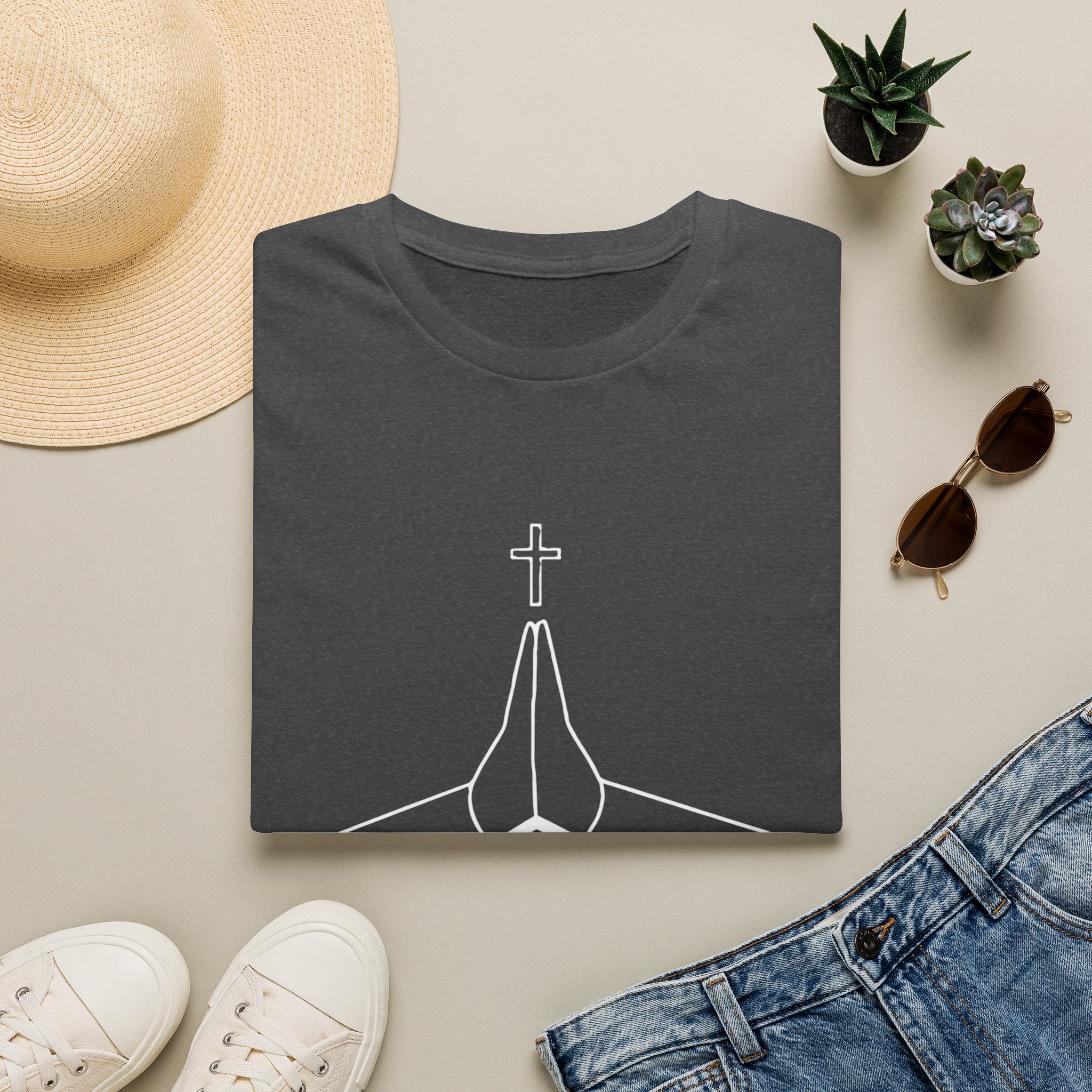 Prayer Hands T-Shirt — "Rooftop Prayer Warrior" Faith Graphic Tee (With white logo and lettering)