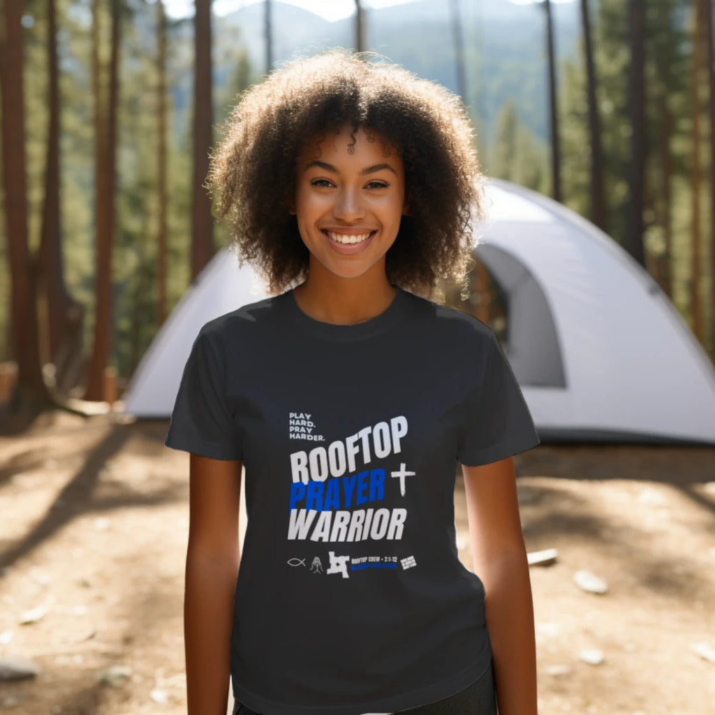 Rooftop Prayer Warrior Youth Faith T-Shirt — Christian Graphic Tee for Kids (Dark Colors)