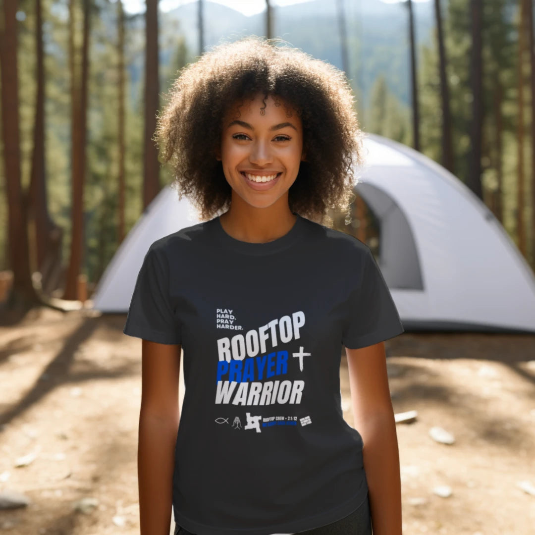 Rooftop Prayer Warrior Youth Faith T-Shirt — Christian Graphic Tee for Kids (Dark Colors)