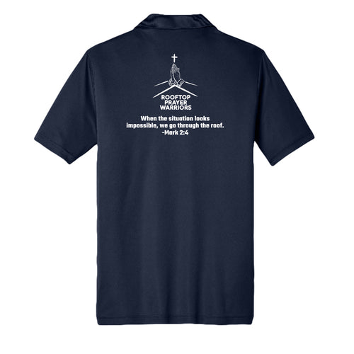 Rooftop Prayer Warrior Christian performance polo in True Navy, back view