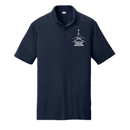 Rooftop Prayer Warrior Christian performance polo in True Navy, front view