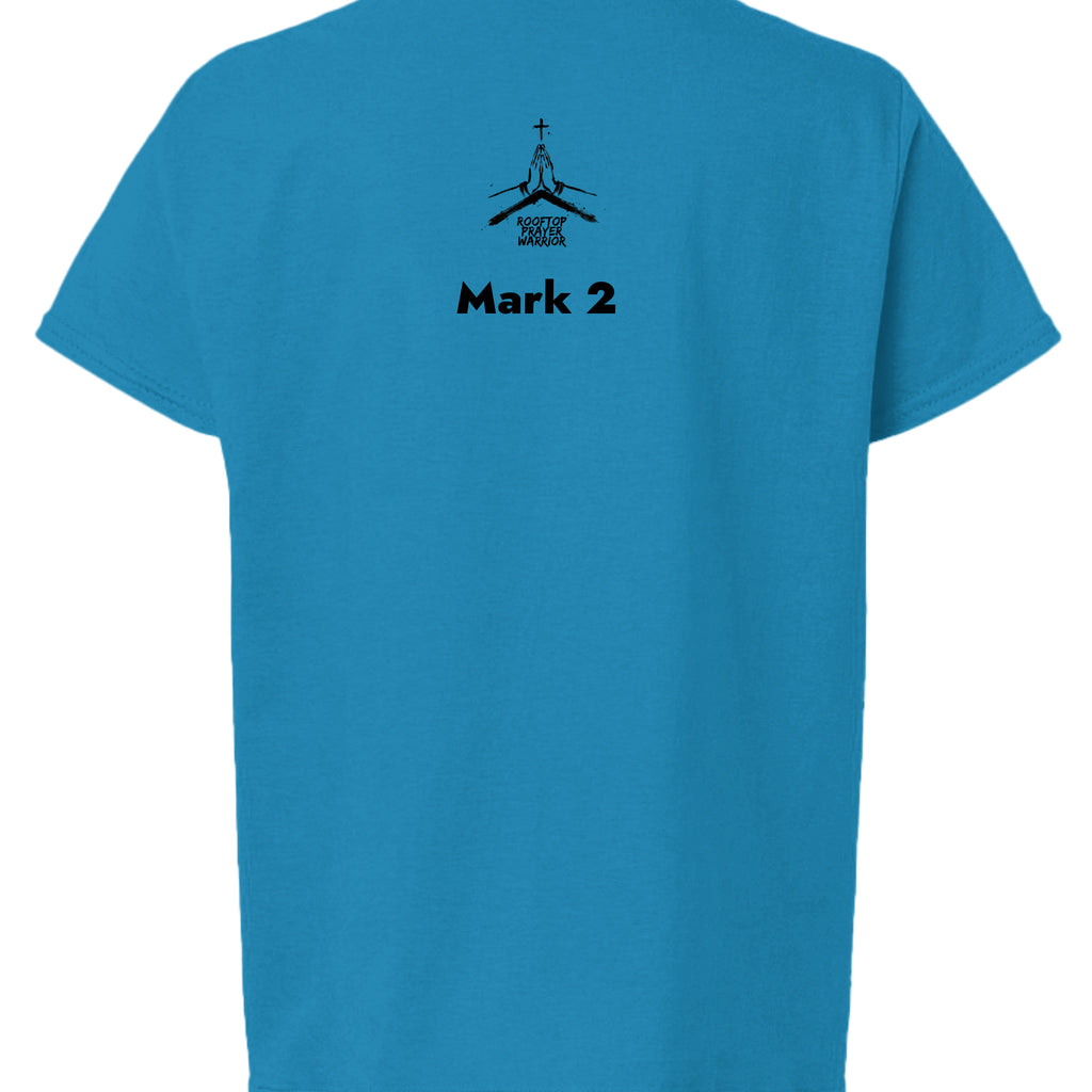 Rooftop Prayer Warrior youth Christian faith tee in Heather Sapphire, back view