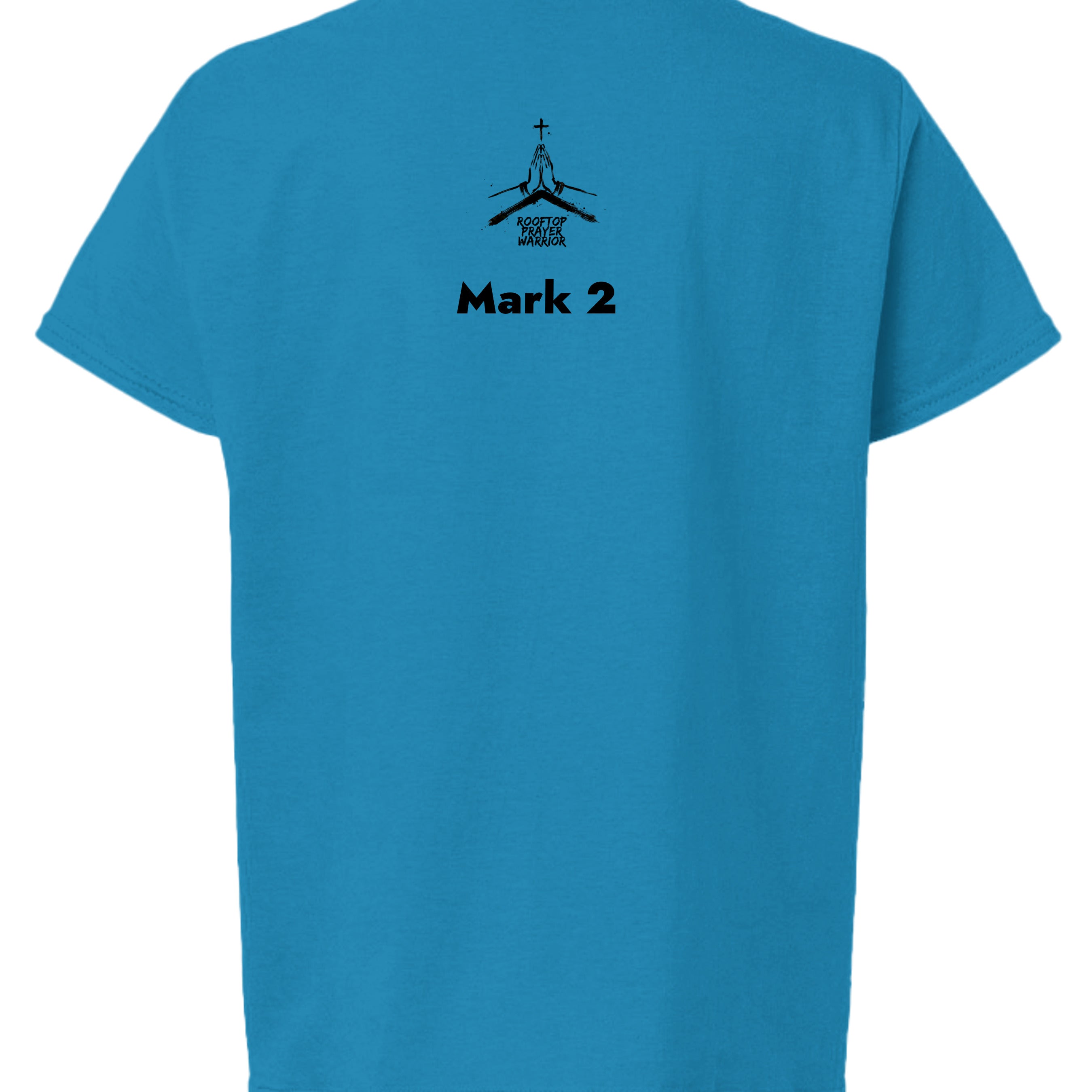 Rooftop Prayer Warrior youth Christian faith tee in Heather Sapphire, back view