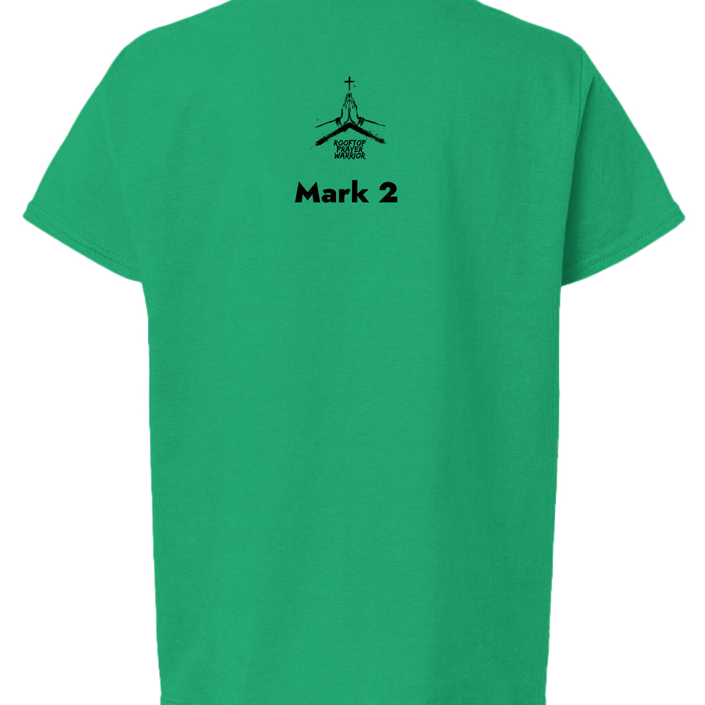 Rooftop Prayer Warrior youth Christian faith tee in Irish Green, back view