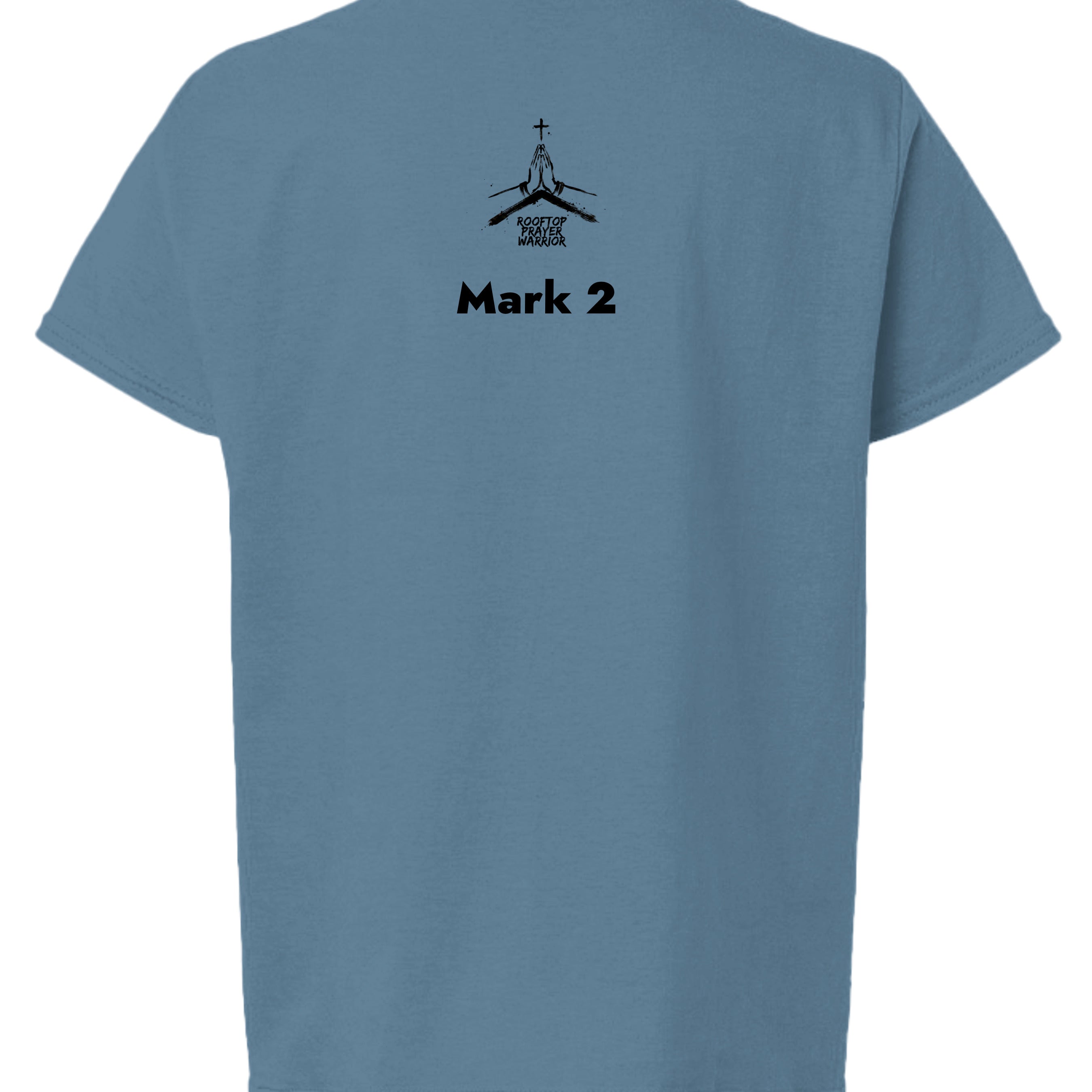 Rooftop Prayer Warrior youth Christian faith tee in Indigo Blue, back view
