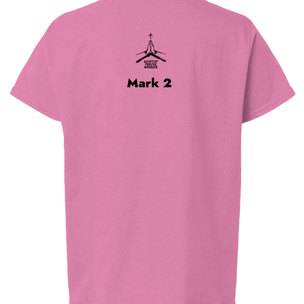 Rooftop Prayer Warrior youth Christian faith tee in Azalea, back view