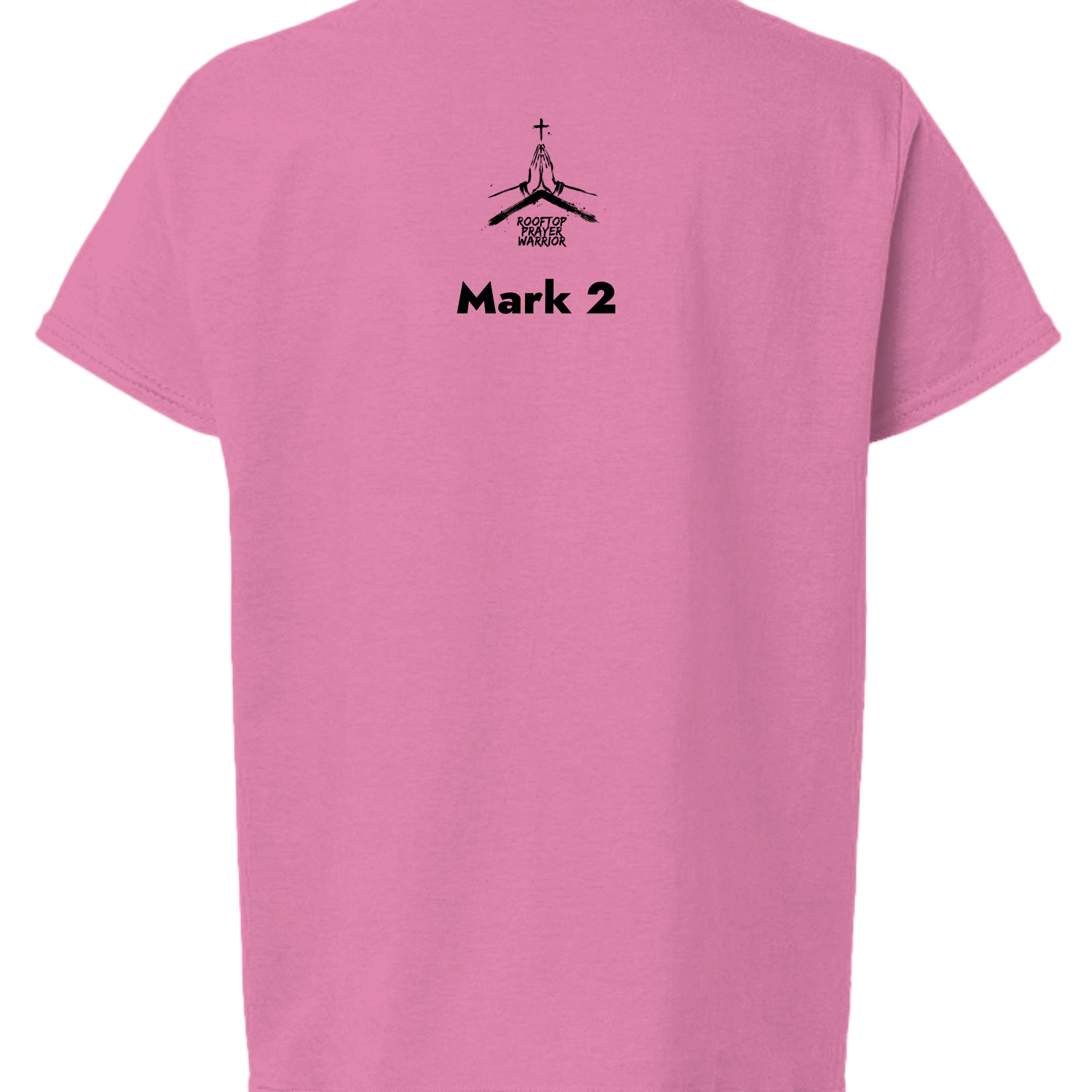 Rooftop Prayer Warrior youth Christian faith tee in Azalea, back view