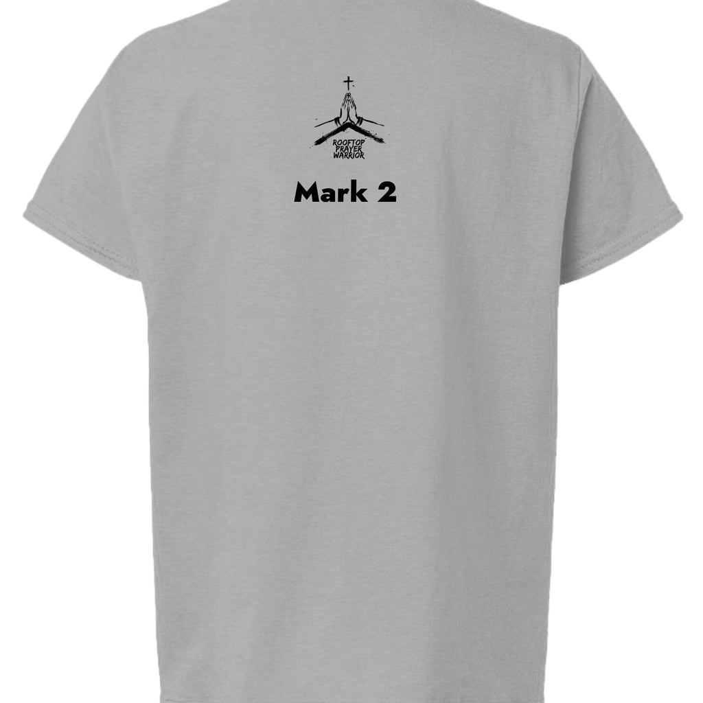 Rooftop Prayer Warrior youth Christian faith tee in Sport Grey, back view