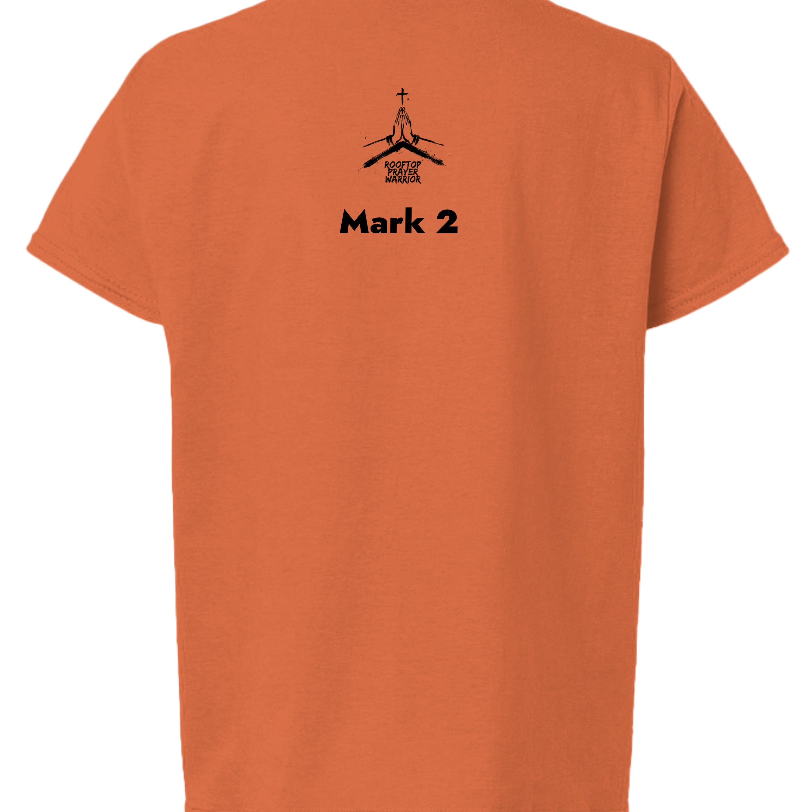 Rooftop Prayer Warrior youth Christian faith tee in Orange, back view