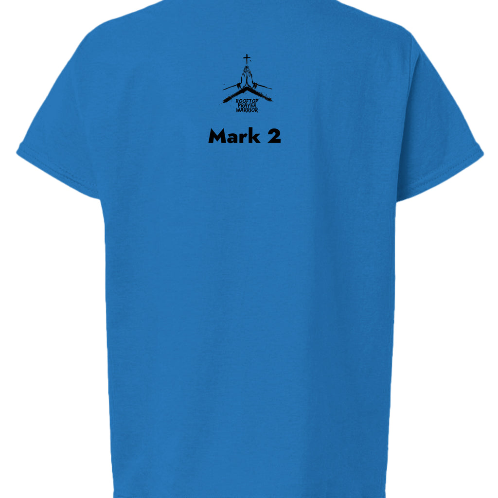 Rooftop Prayer Warrior youth Christian faith tee in Royal, back view