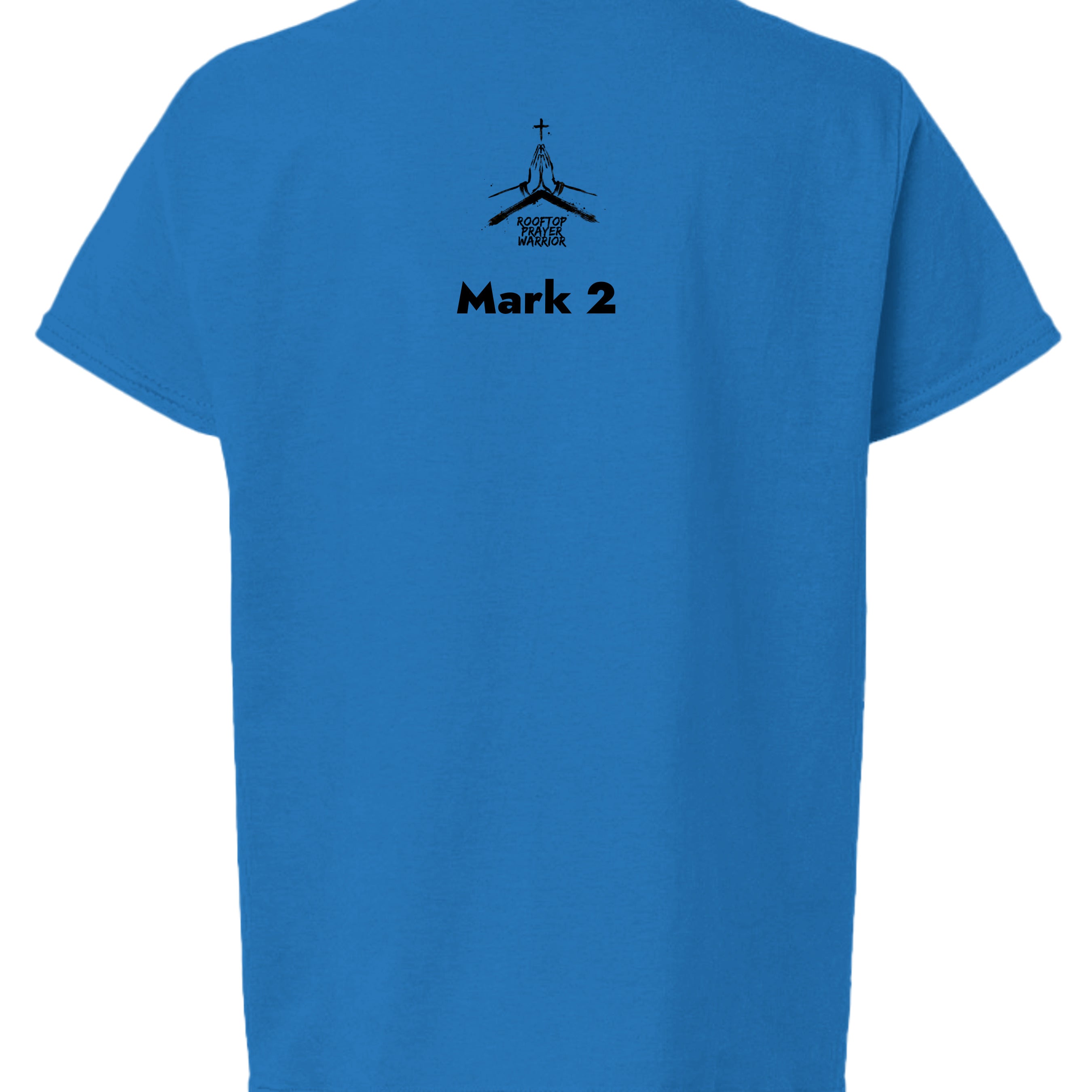Rooftop Prayer Warrior youth Christian faith tee in Royal, back view