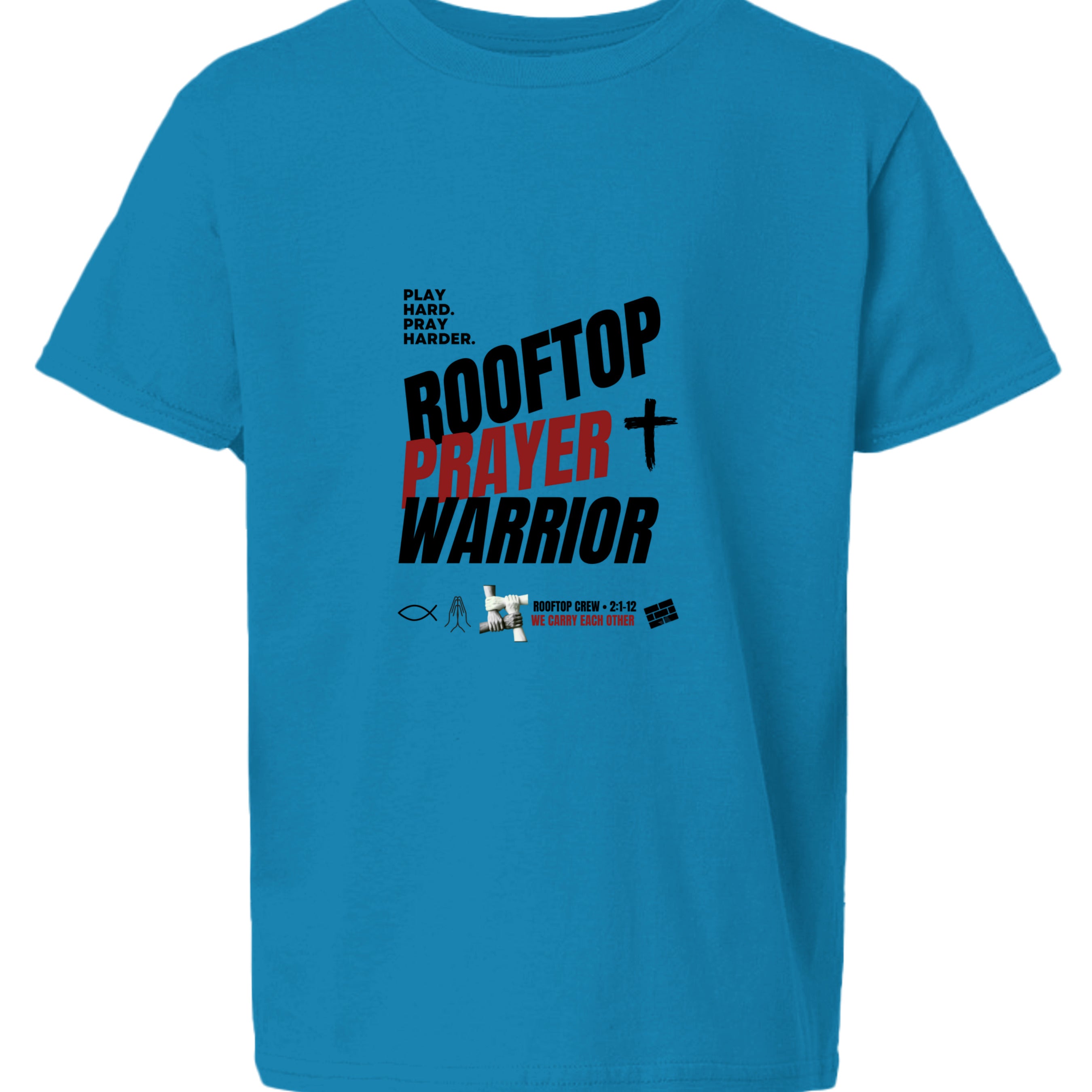 Rooftop Prayer Warrior youth Christian faith tee in Heather Sapphire, front view