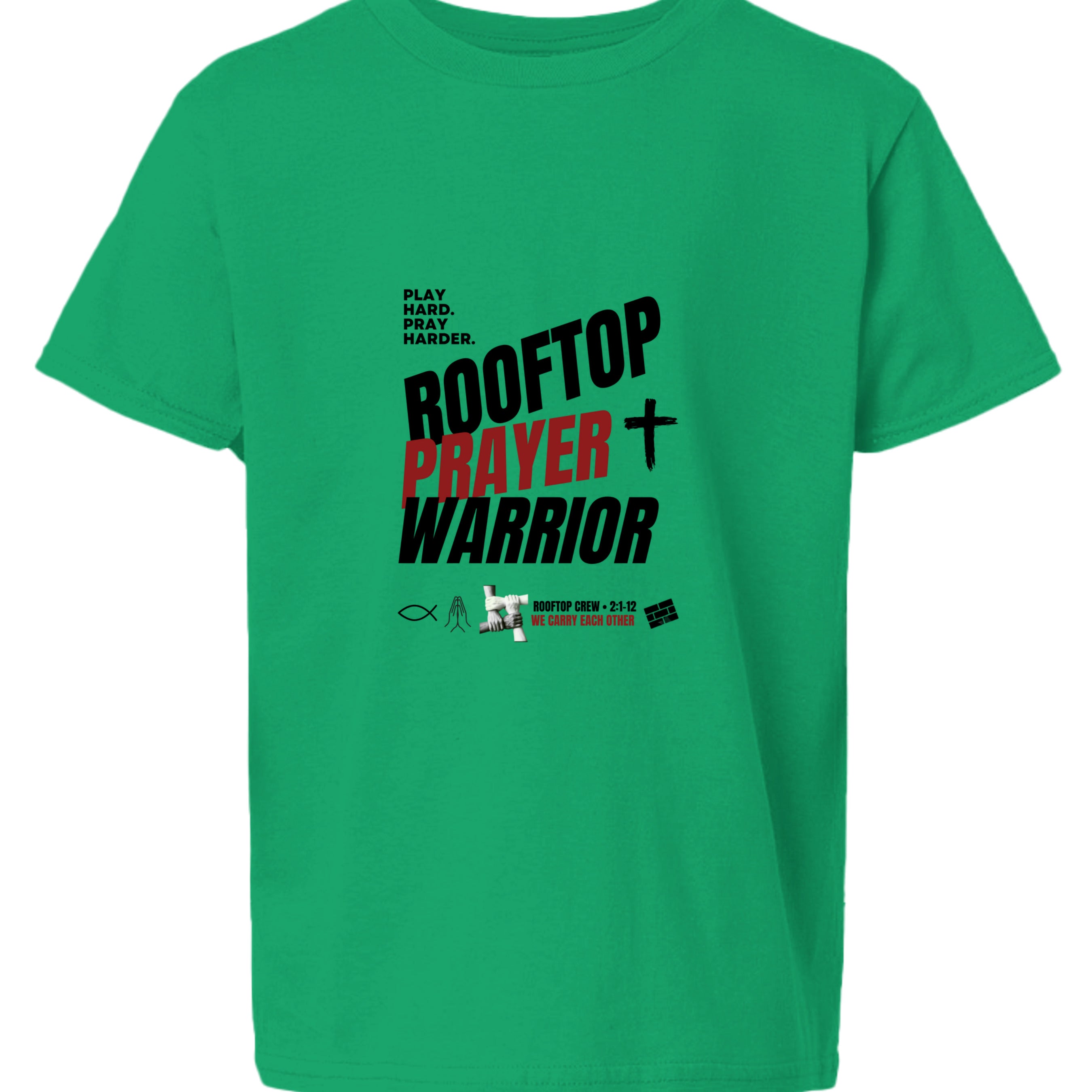 Rooftop Prayer Warrior youth Christian faith tee in Irish Green, front view