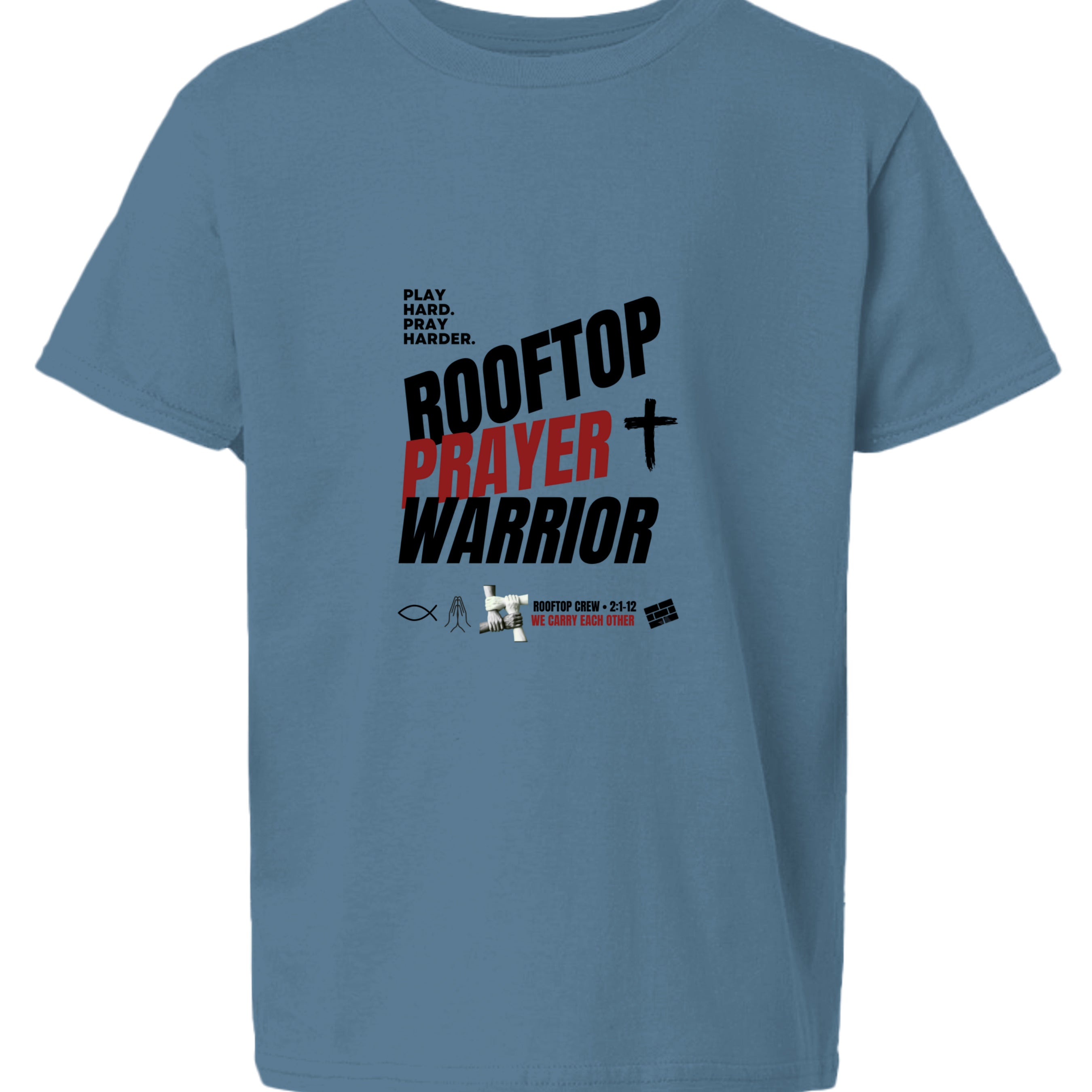 Rooftop Prayer Warrior youth Christian faith tee in Indigo Blue, front view