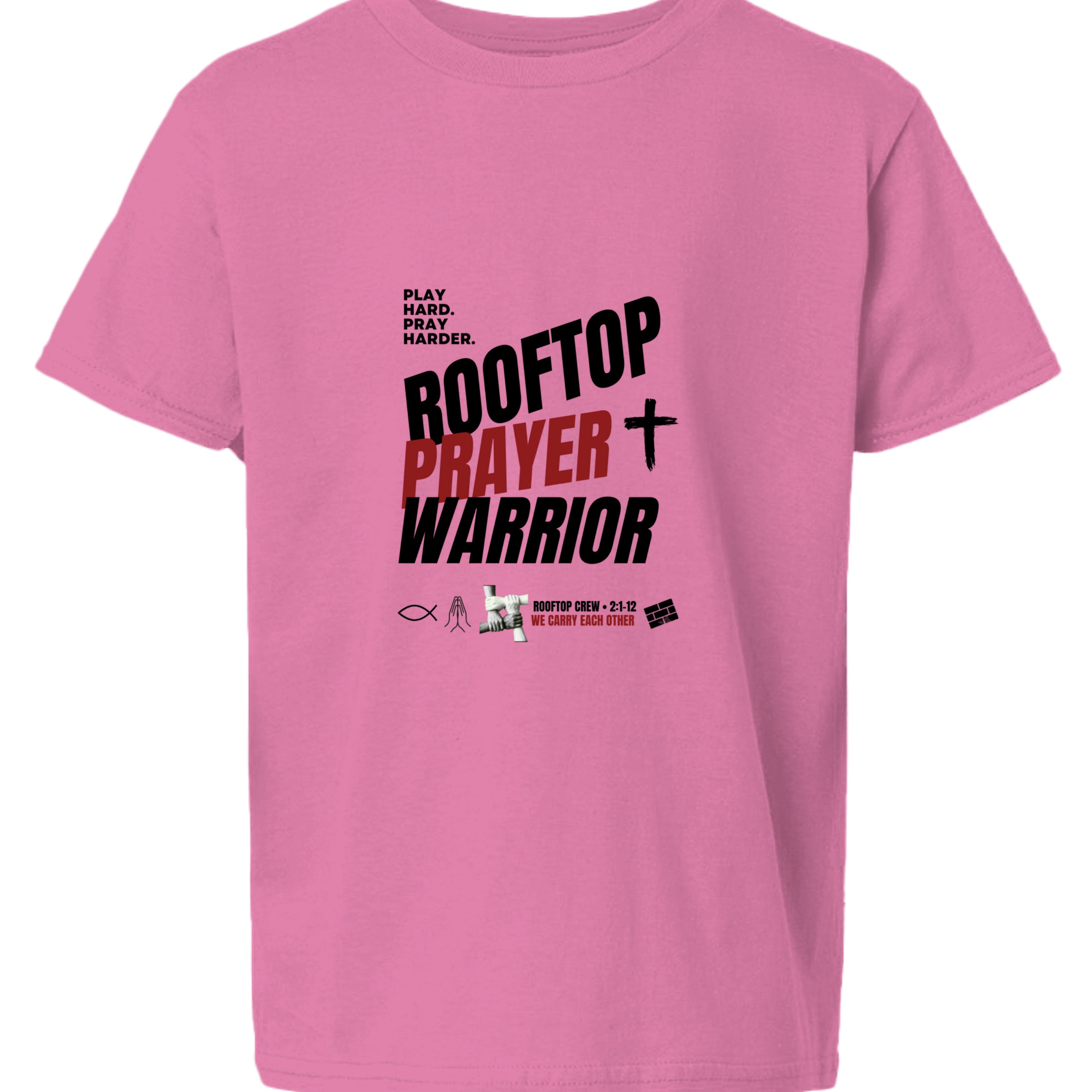 Rooftop Prayer Warrior youth Christian faith tee in Azalea, front view