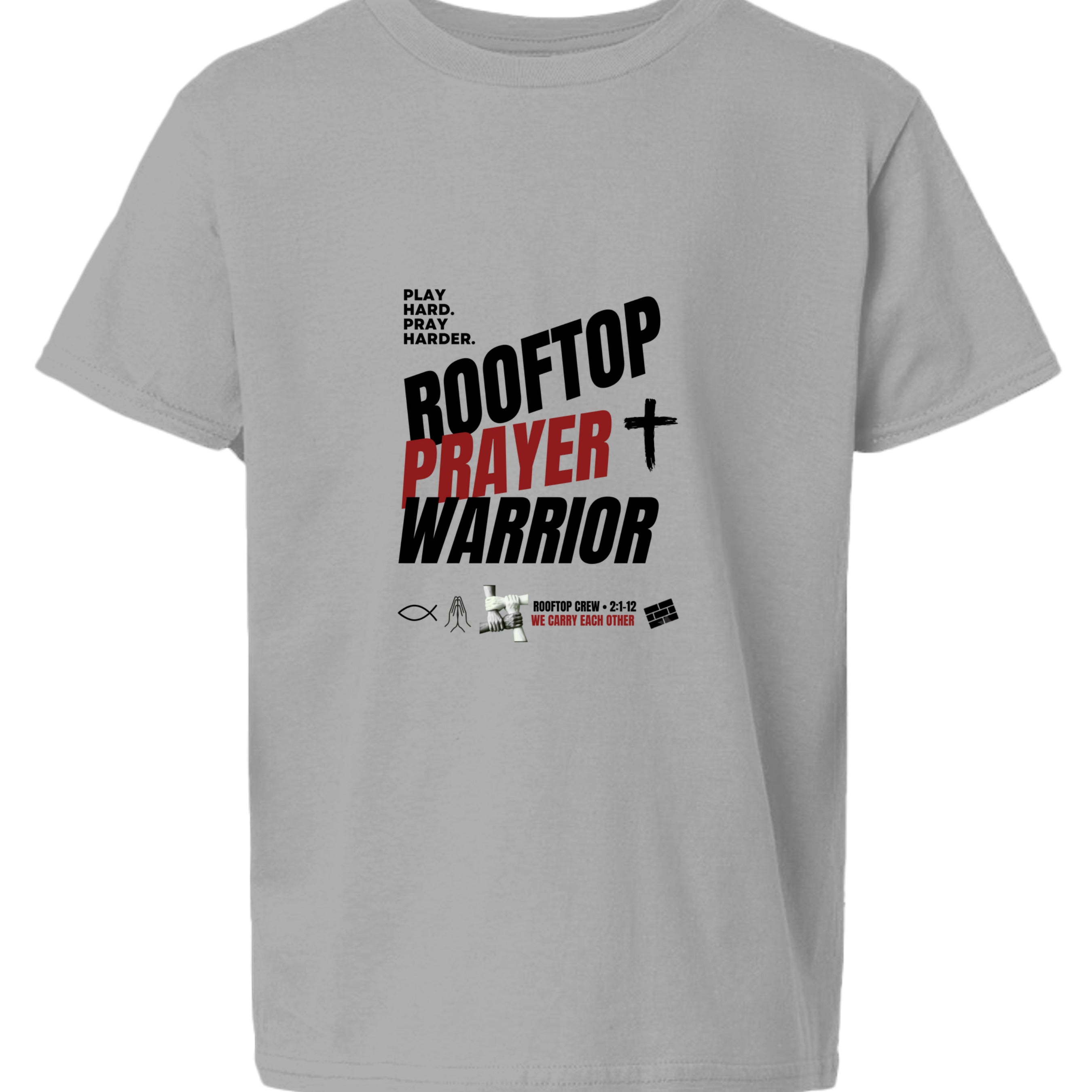 Rooftop Prayer Warrior youth Christian faith tee in Sport Grey, front view