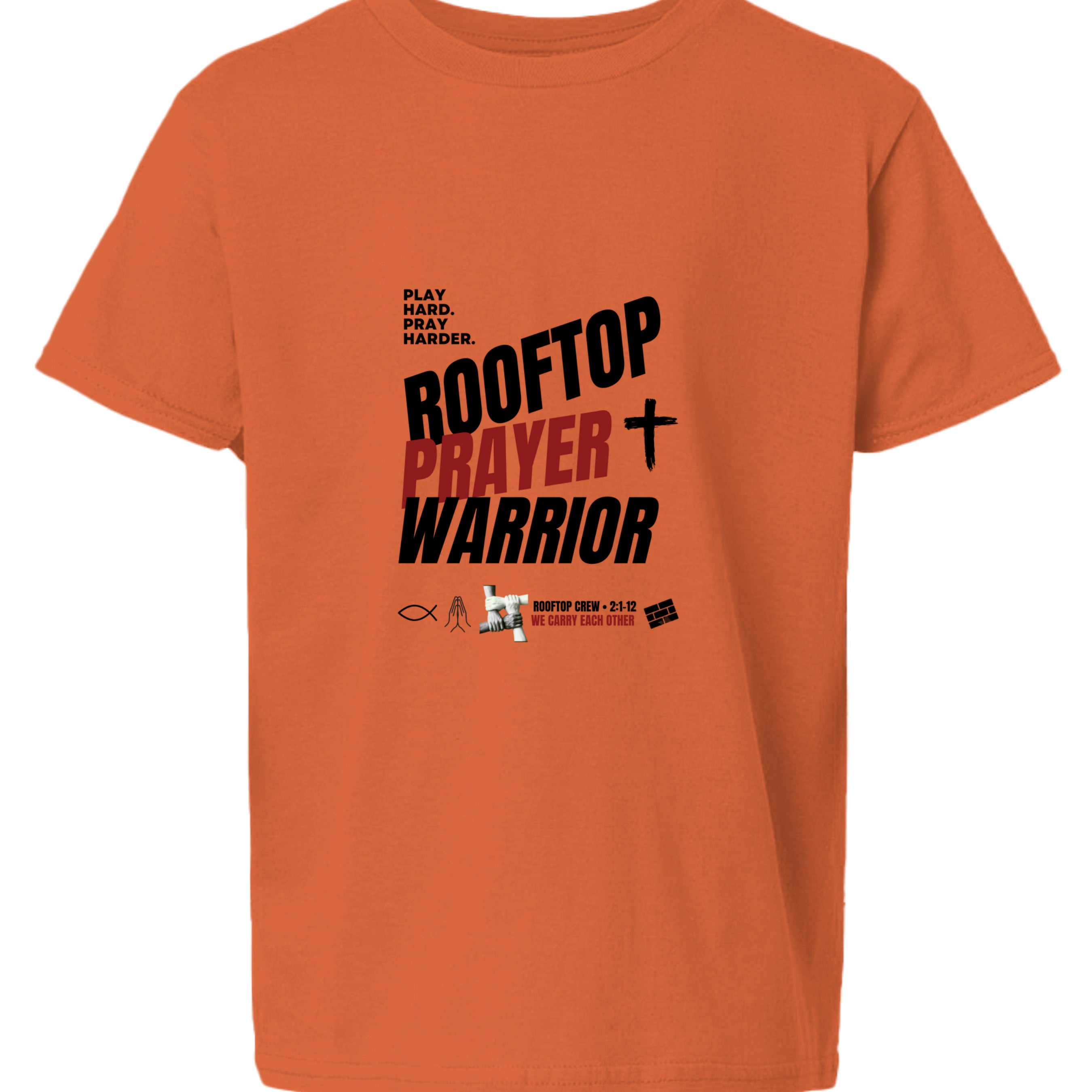 Rooftop Prayer Warrior youth Christian faith tee in Orange, front view
