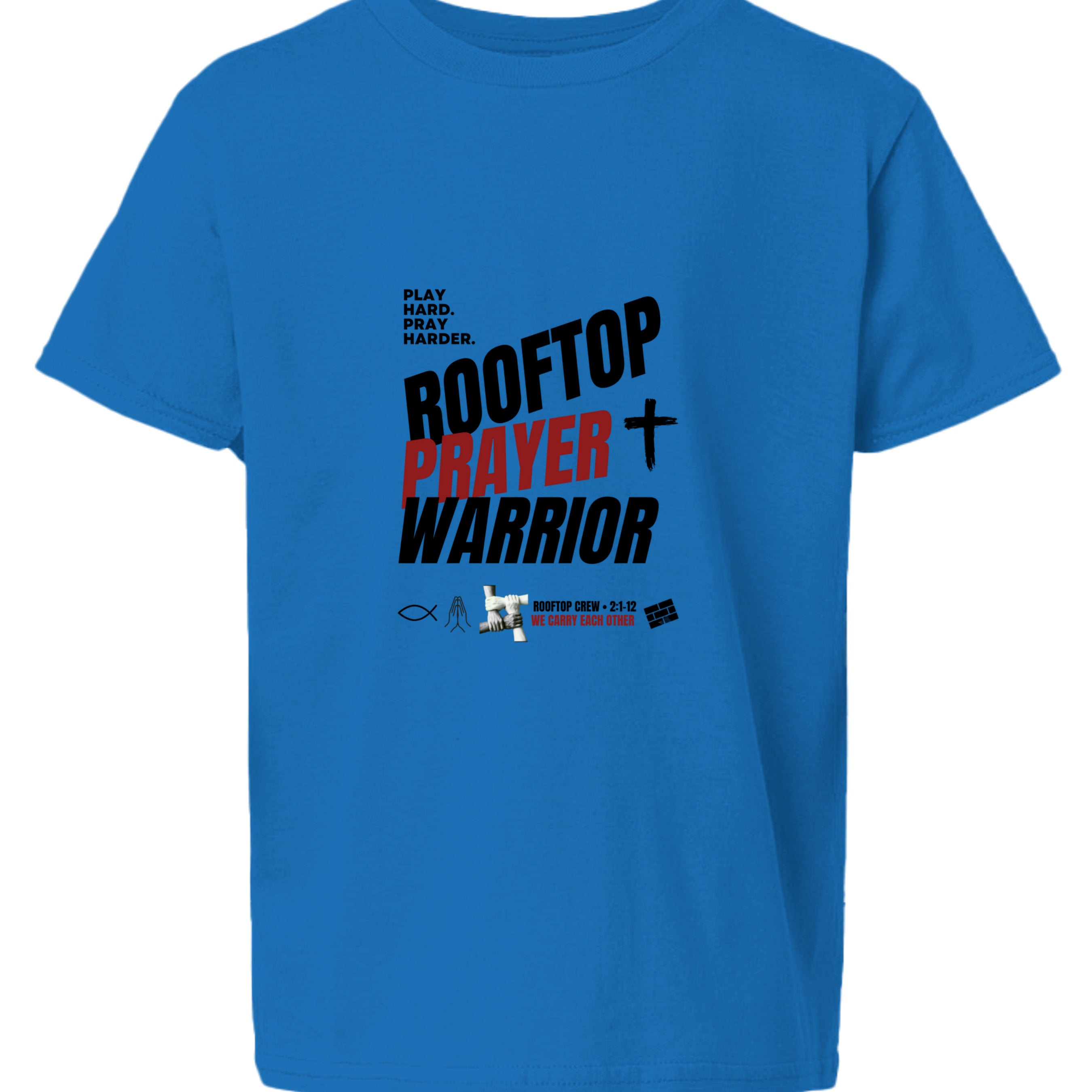 Rooftop Prayer Warrior youth Christian faith tee in Royal, front view