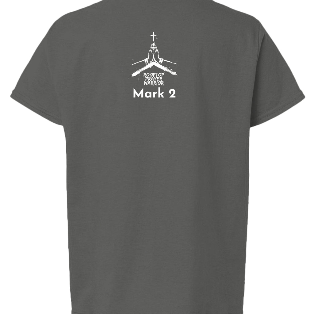 Rooftop Prayer Warrior youth Christian faith tee in Charcoal, back view
