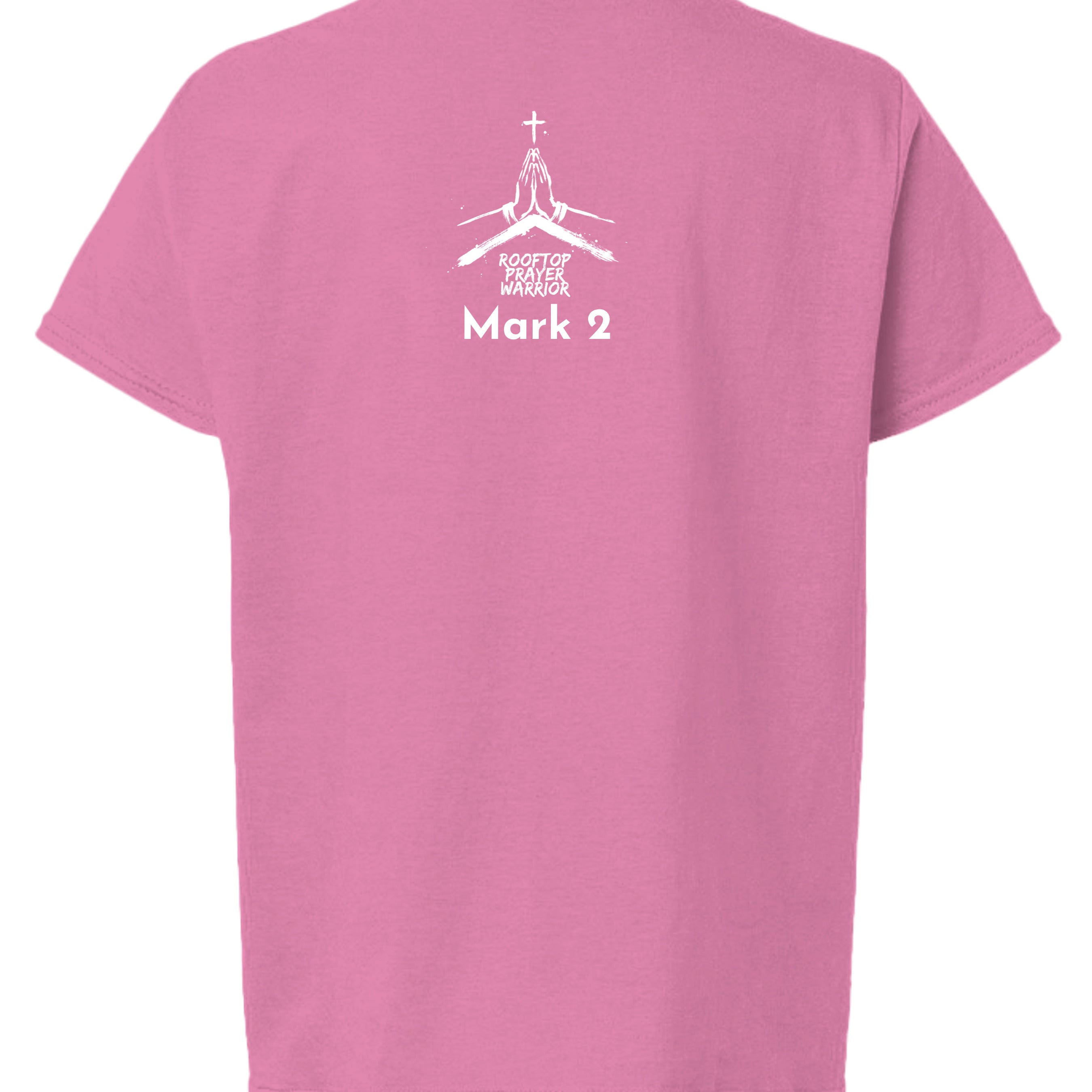 Rooftop Prayer Warrior youth Christian faith tee in Azalea, back view