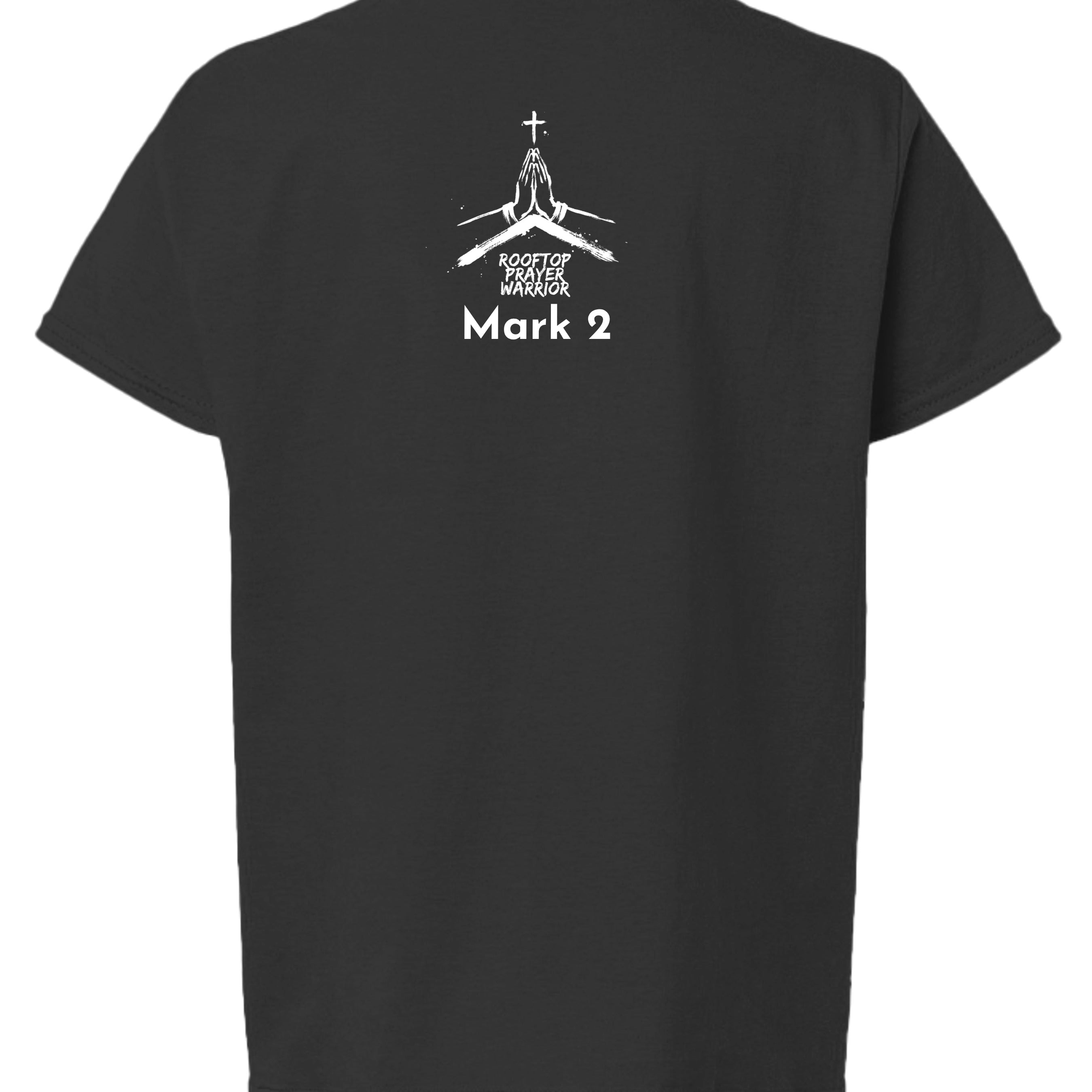 Rooftop Prayer Warrior youth Christian faith tee in Black, back view