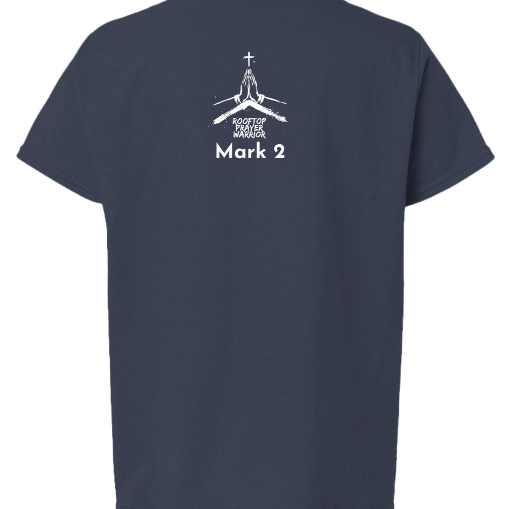 Rooftop Prayer Warrior youth Christian faith tee in Navy, back view