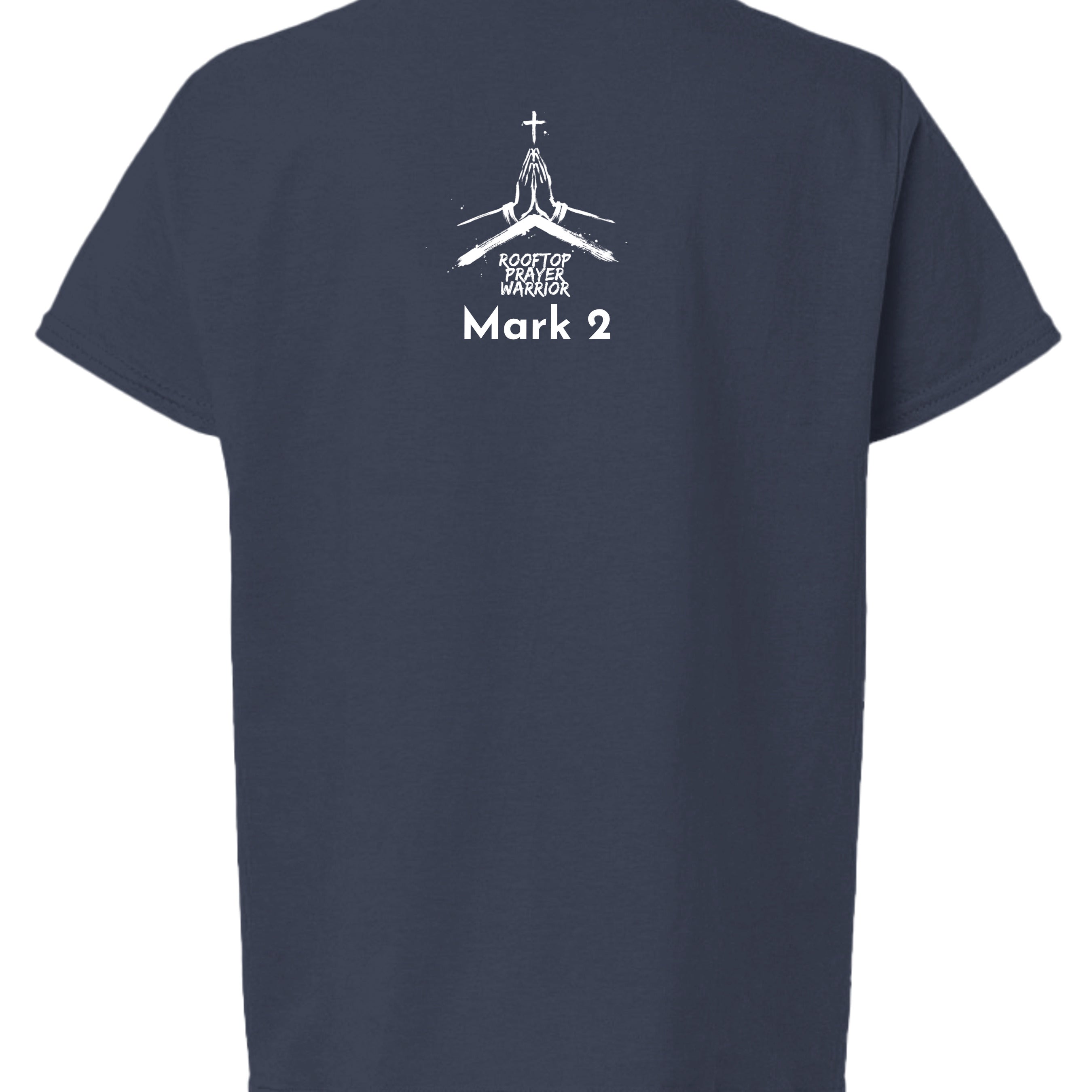 Rooftop Prayer Warrior youth Christian faith tee in Navy, back view