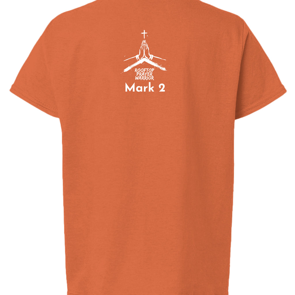 Rooftop Prayer Warrior youth Christian faith tee in Orange, back view