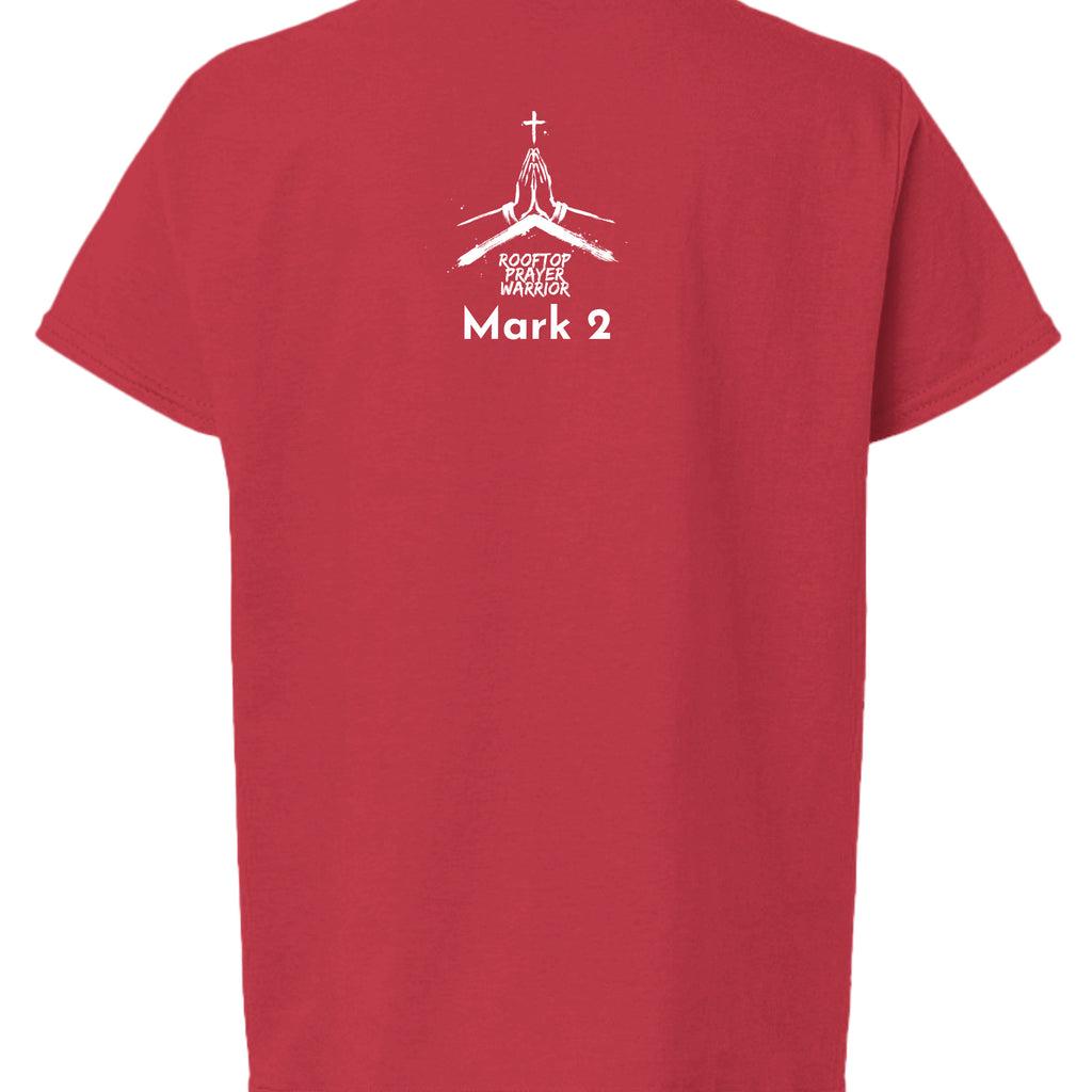 Rooftop Prayer Warrior youth Christian faith tee in Red, back view