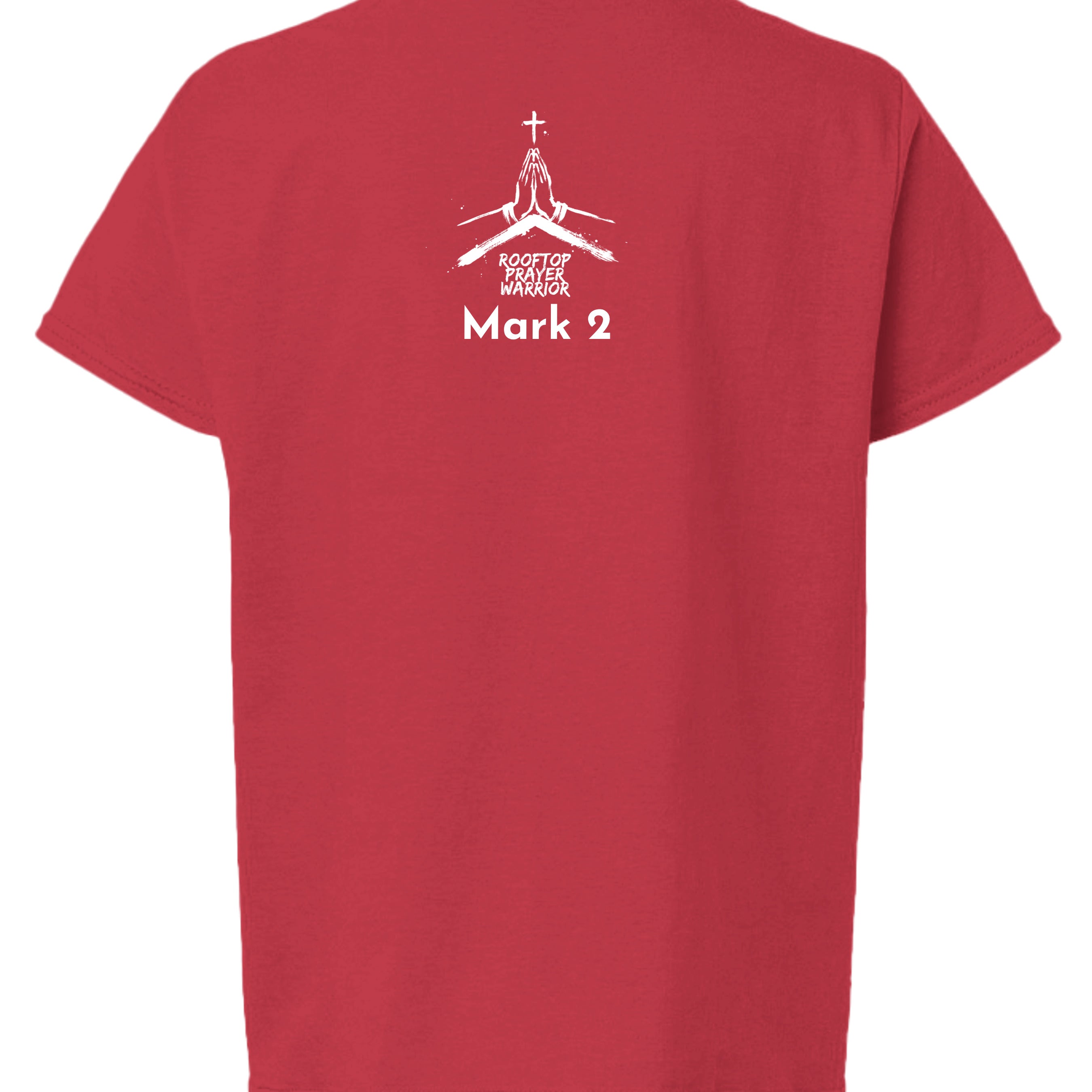 Rooftop Prayer Warrior youth Christian faith tee in Red, back view