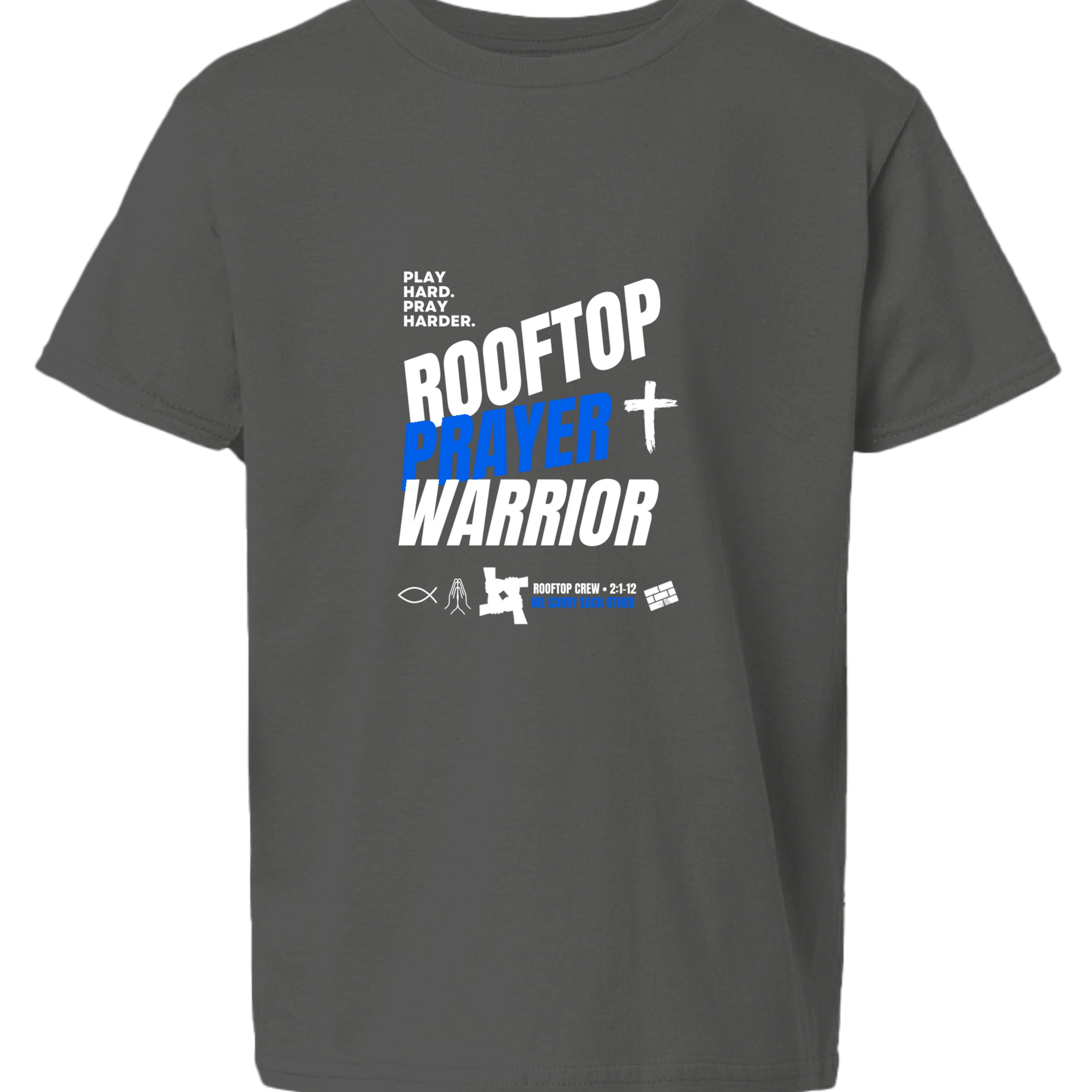 Rooftop Prayer Warrior youth Christian faith tee in Charcoal, front view