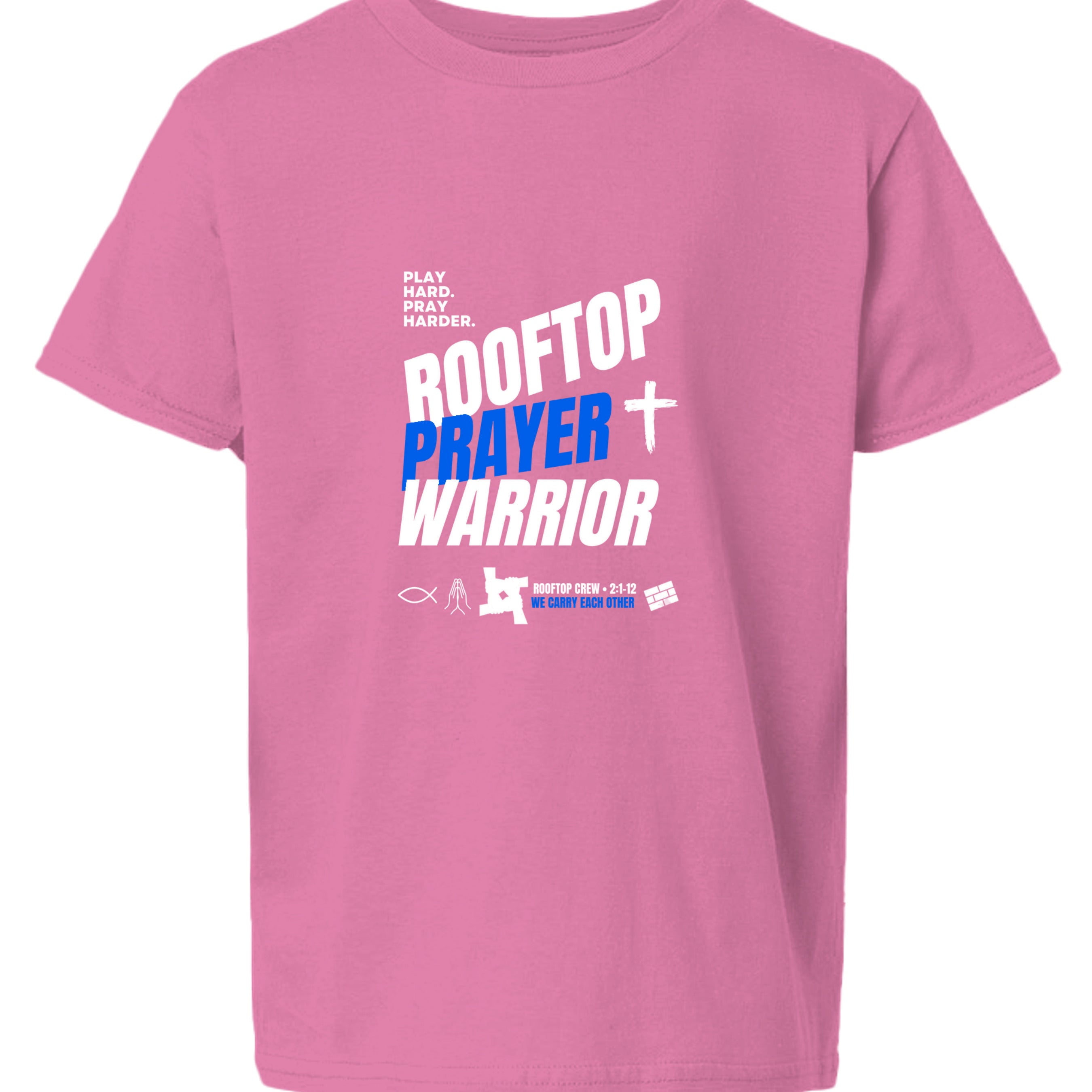 Rooftop Prayer Warrior youth Christian faith tee in Azalea, front view