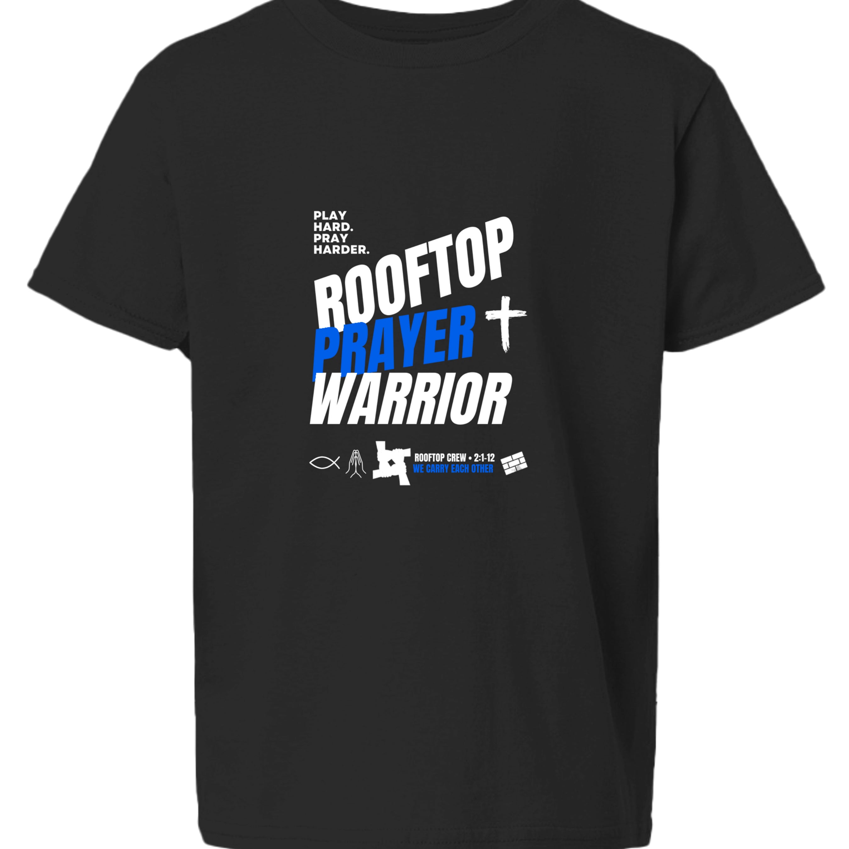 Rooftop Prayer Warrior youth Christian faith tee in Black, front view