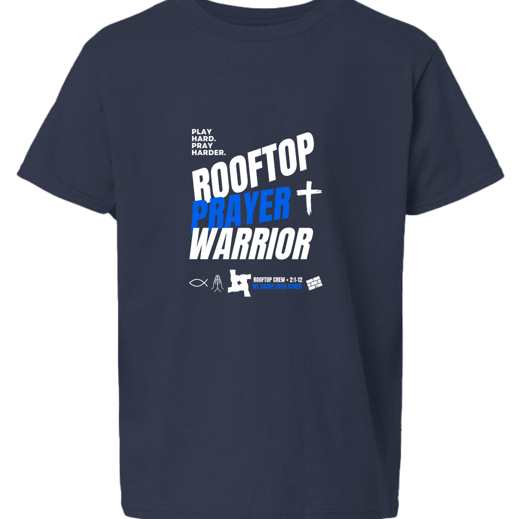 Rooftop Prayer Warrior youth Christian faith tee in Navy, front view