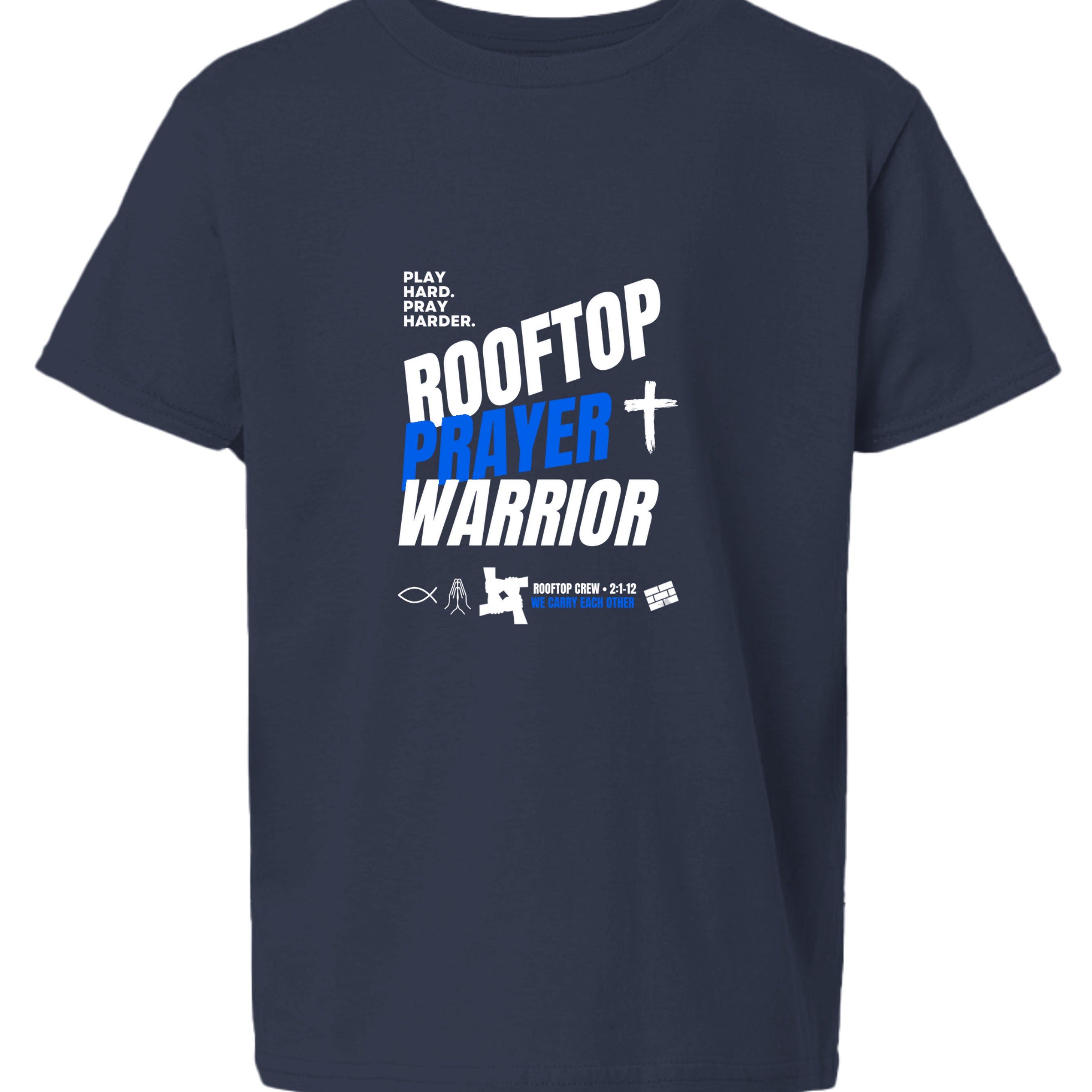 Rooftop Prayer Warrior youth Christian faith tee in Navy, front view