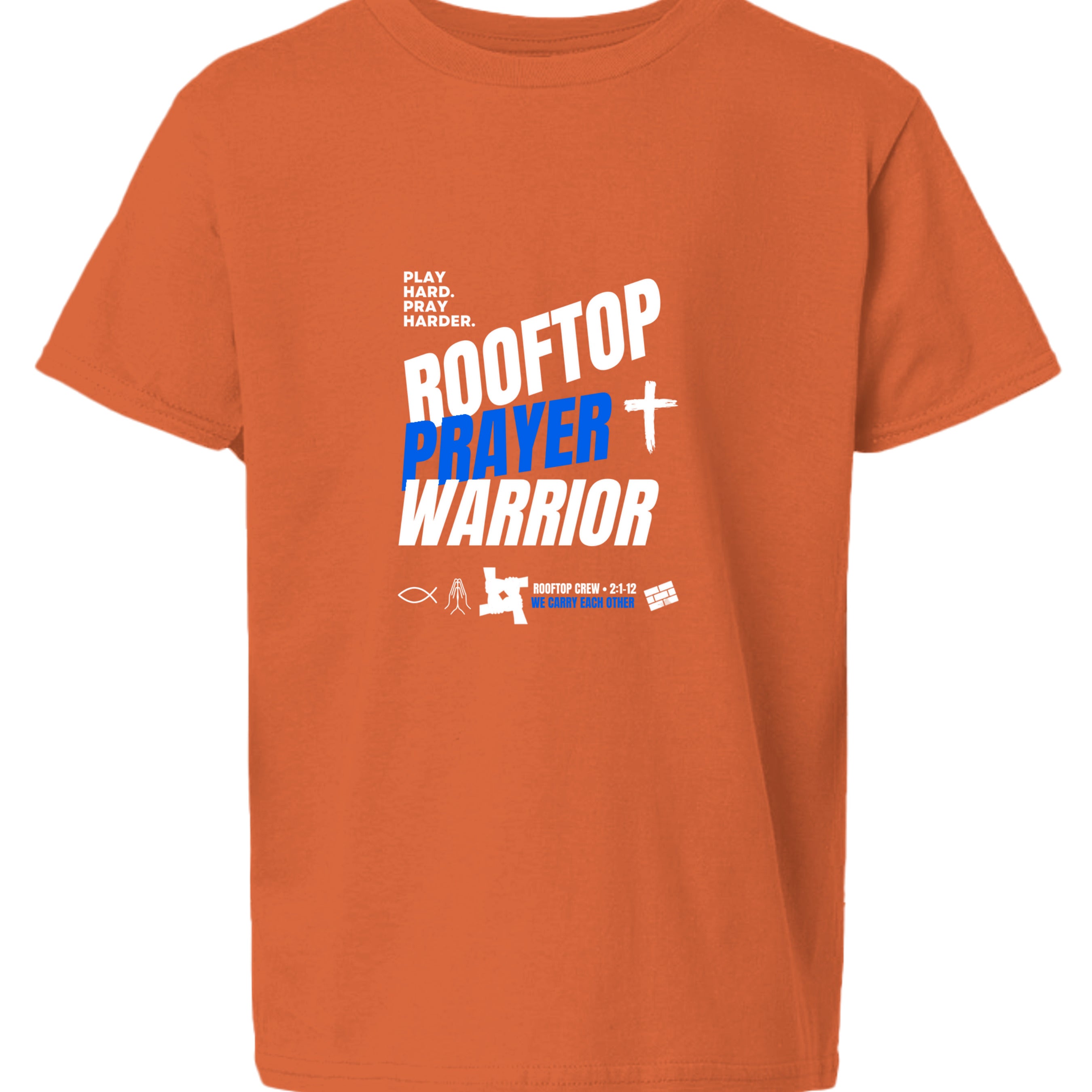 Rooftop Prayer Warrior youth Christian faith tee in Orange, front view