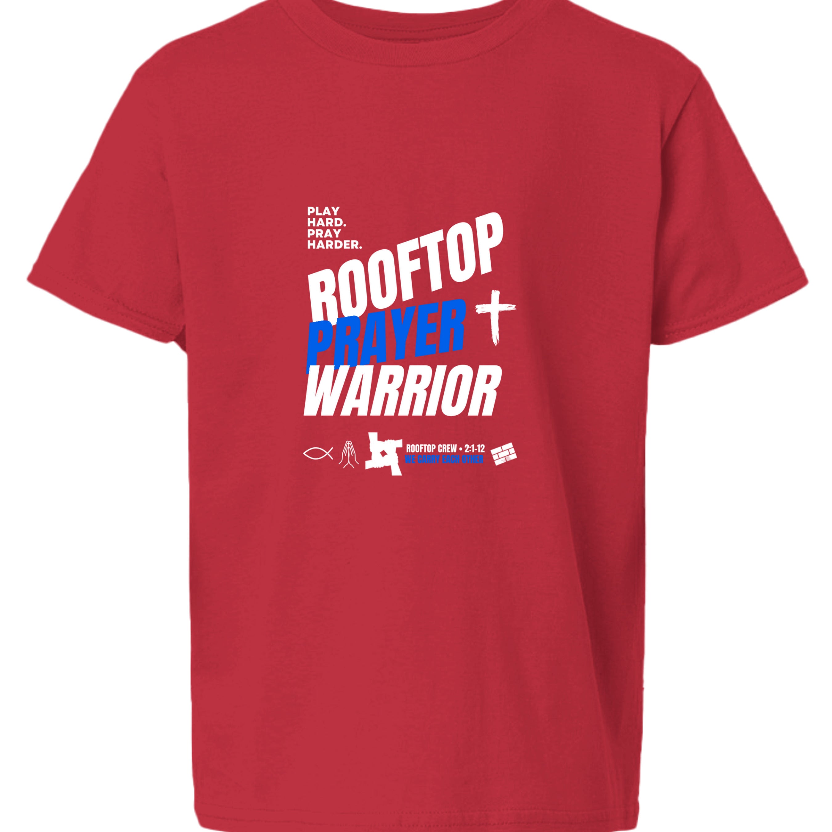 Rooftop Prayer Warrior youth Christian faith tee in Red, front view