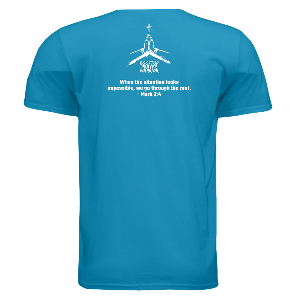 Rooftop Prayer Warrior faith graphic tee in Sapphire, back view with Mark 2:4 verse