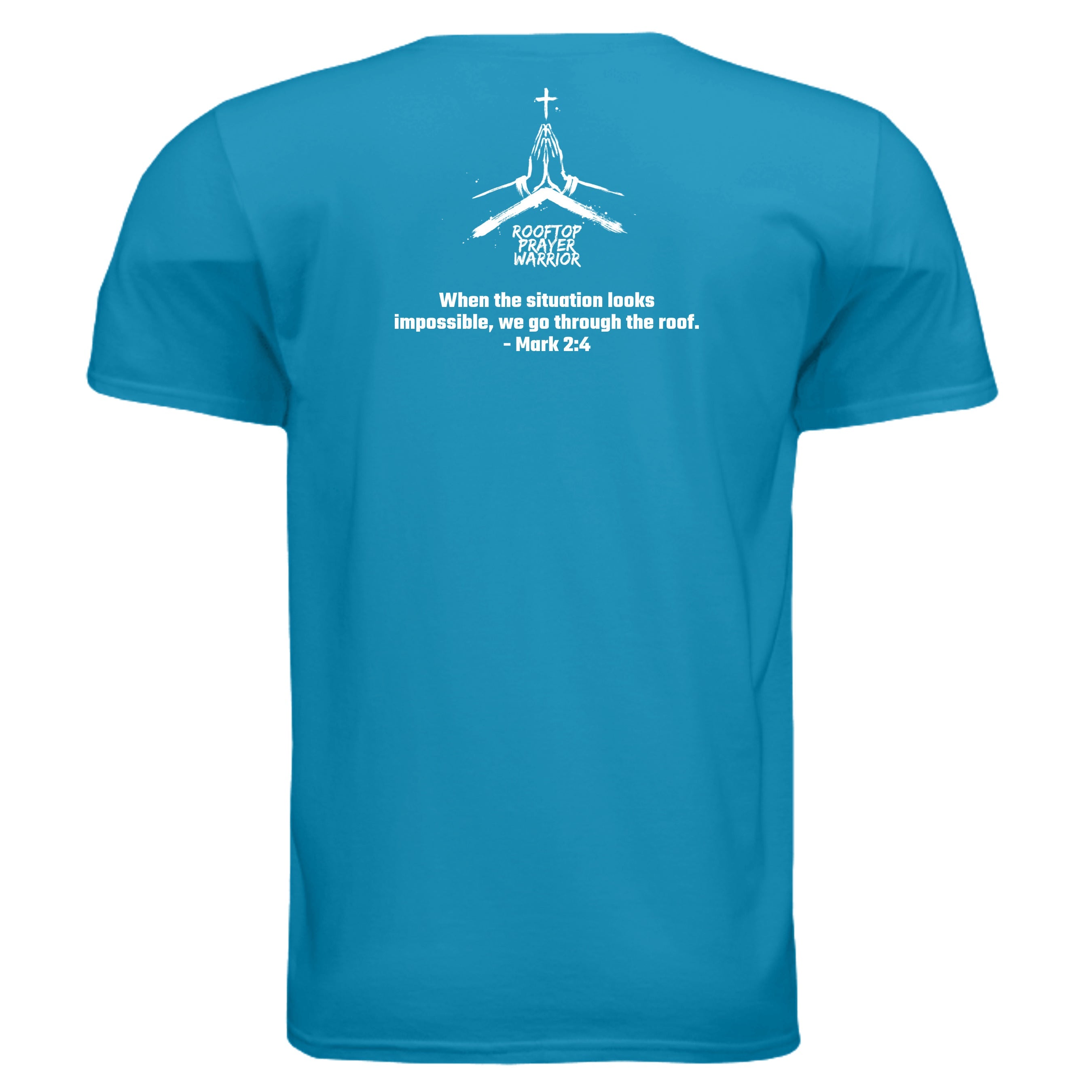 Rooftop Prayer Warrior faith graphic tee in Sapphire, back view with Mark 2:4 verse