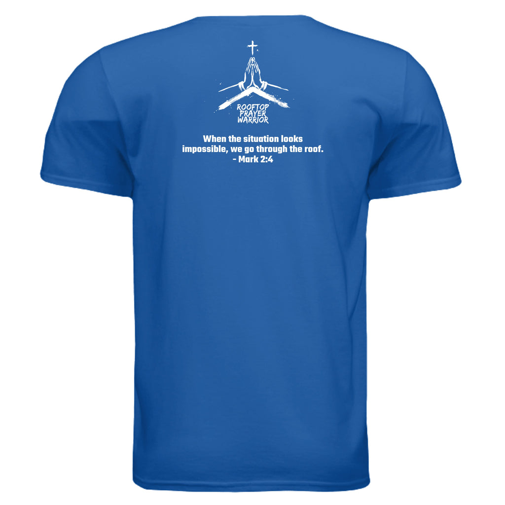 Rooftop Prayer Warrior faith graphic tee in Neon Blue, back view with Mark 2:4 verse