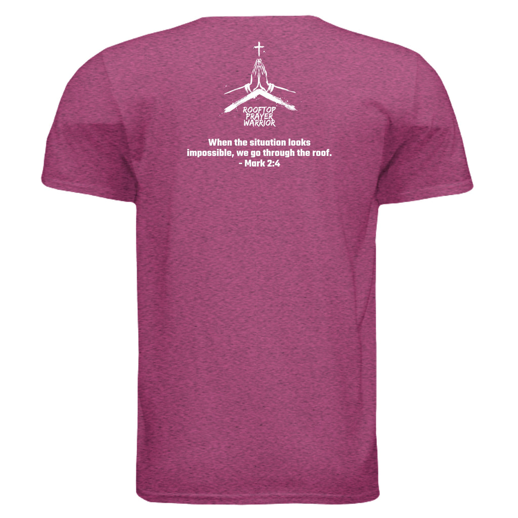 Rooftop Prayer Warrior faith graphic tee in Antique Heliconia, back view with Mark 2:4 verse