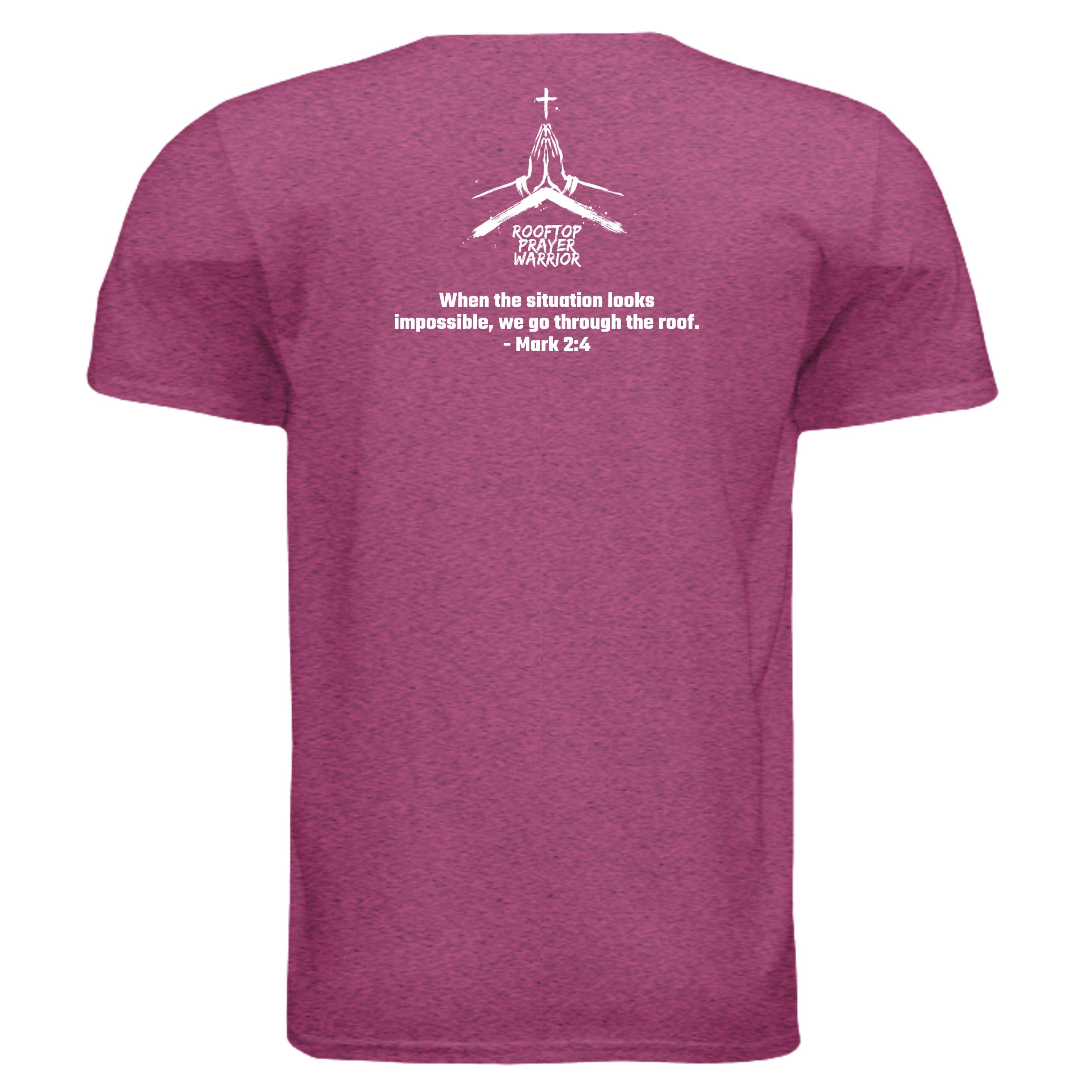 Rooftop Prayer Warrior faith graphic tee in Antique Heliconia, back view with Mark 2:4 verse