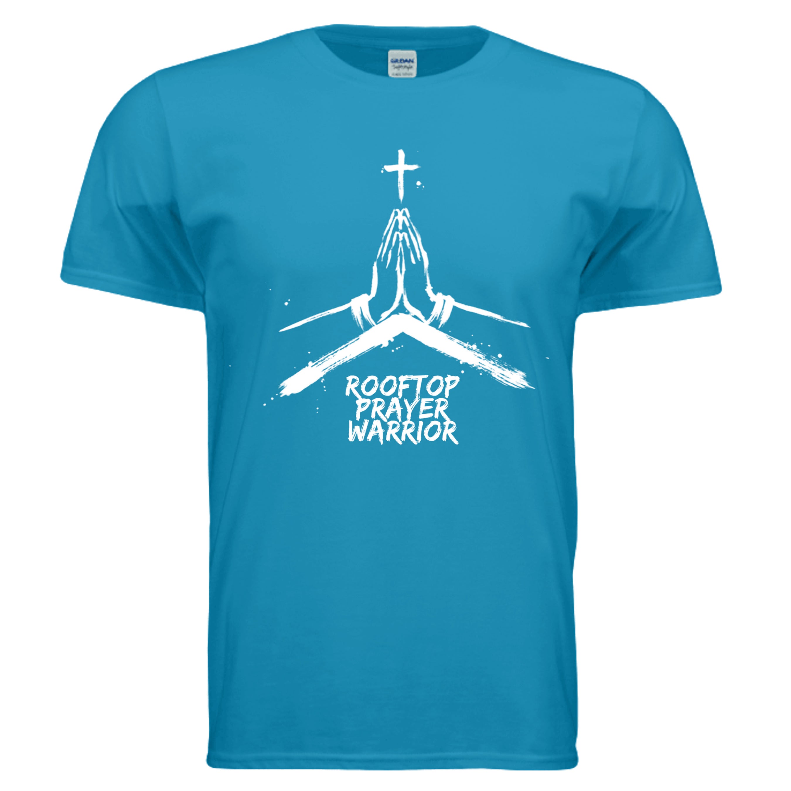 Rooftop Prayer Warrior faith graphic tee in Sapphire, front view with praying hands and cross design