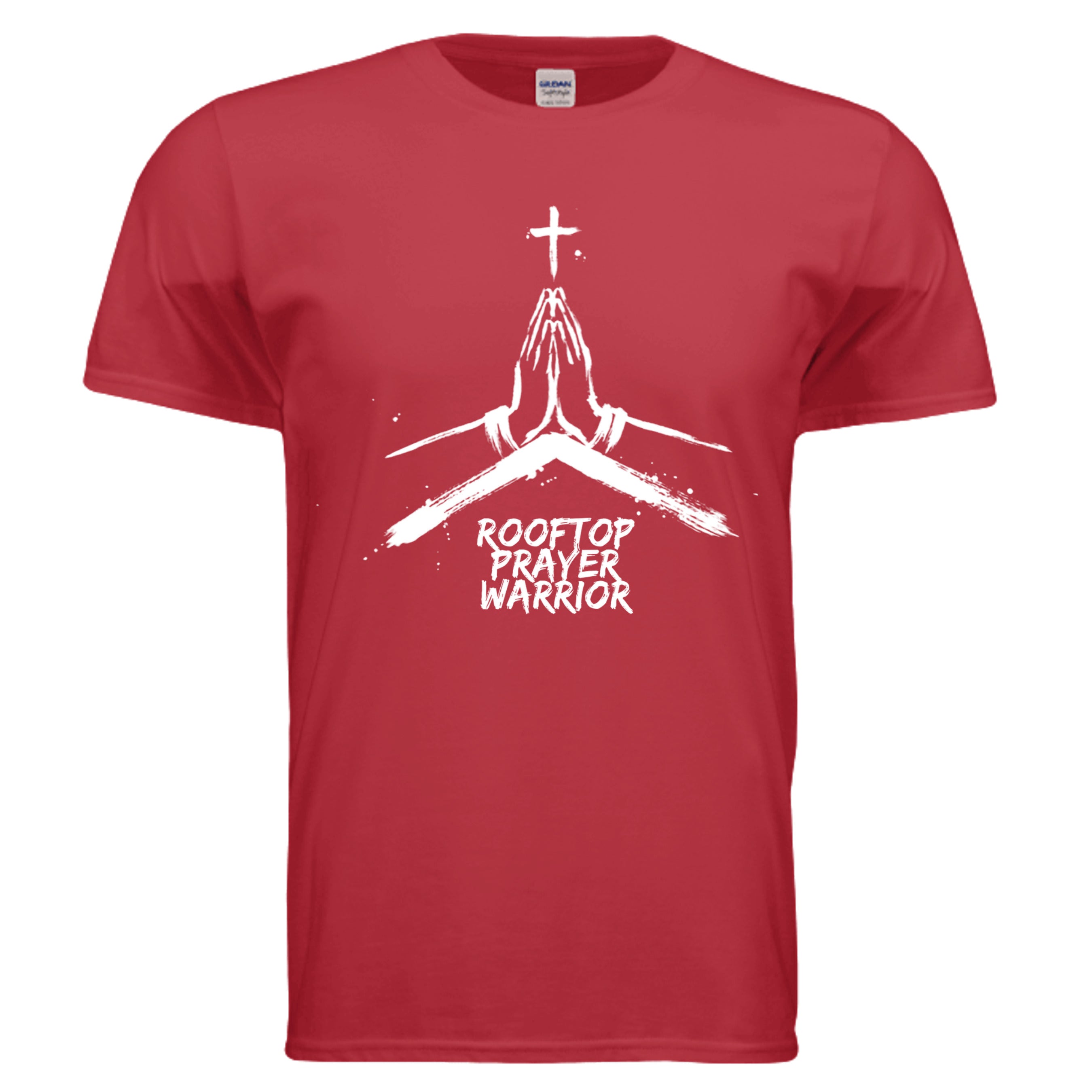Rooftop Prayer Warrior faith graphic tee in Red, front view with praying hands and cross design