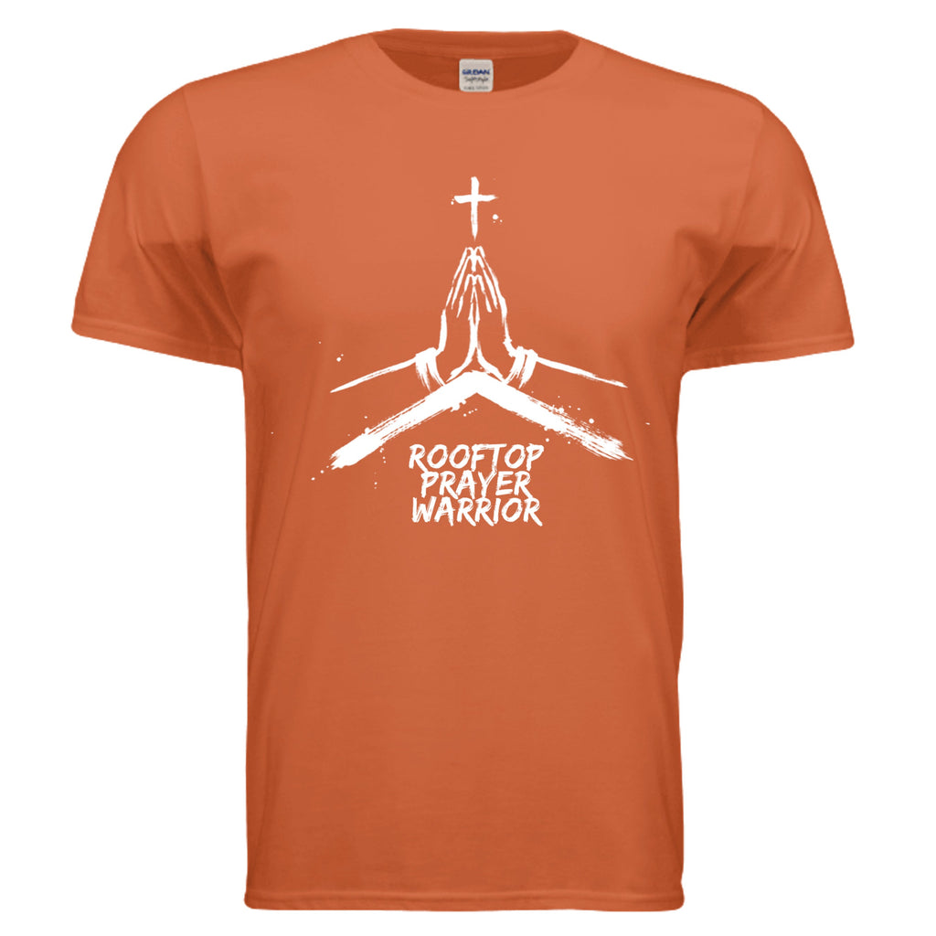 Rooftop Prayer Warrior faith graphic tee in Orange, front view with praying hands and cross design